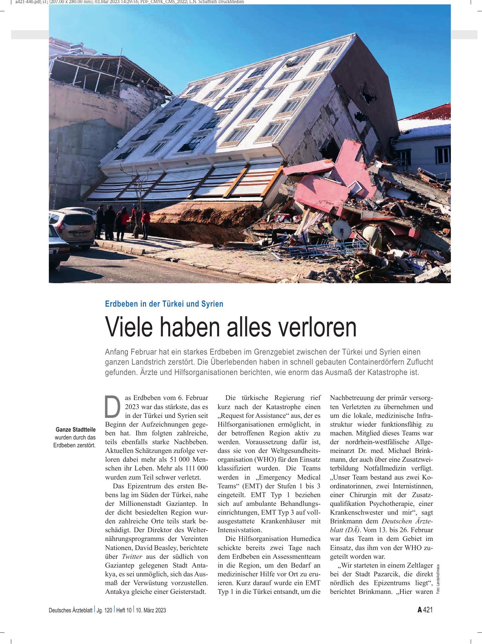 Vorschauseite 1: Erdbeben in der Türkei und Syrien: Viele haben alles verloren – Deutsches Ärzteblatt