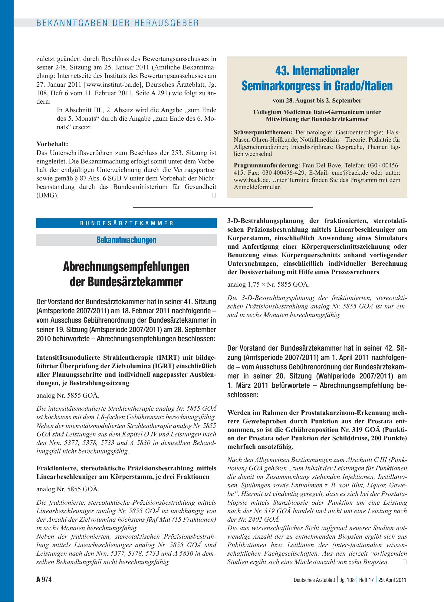 Vorschauseite 1: Abrechnungsempfehlungen der Bundesärztekammer – Deutsches Ärzteblatt
