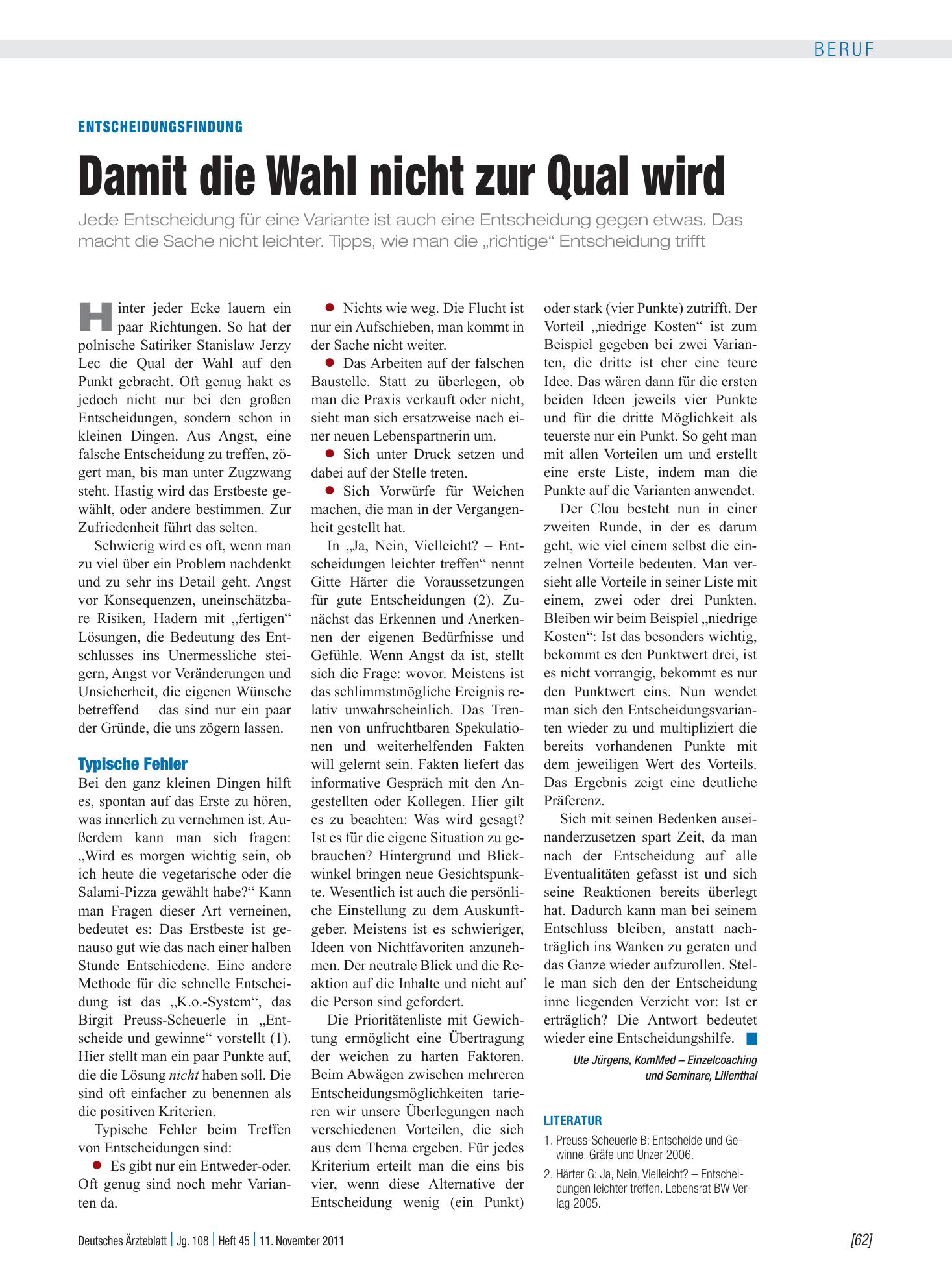 Vorschauseite 1: Entscheidungsfindung: Damit die Wahl nicht zur Qual wird – Deutsches Ärzteblatt