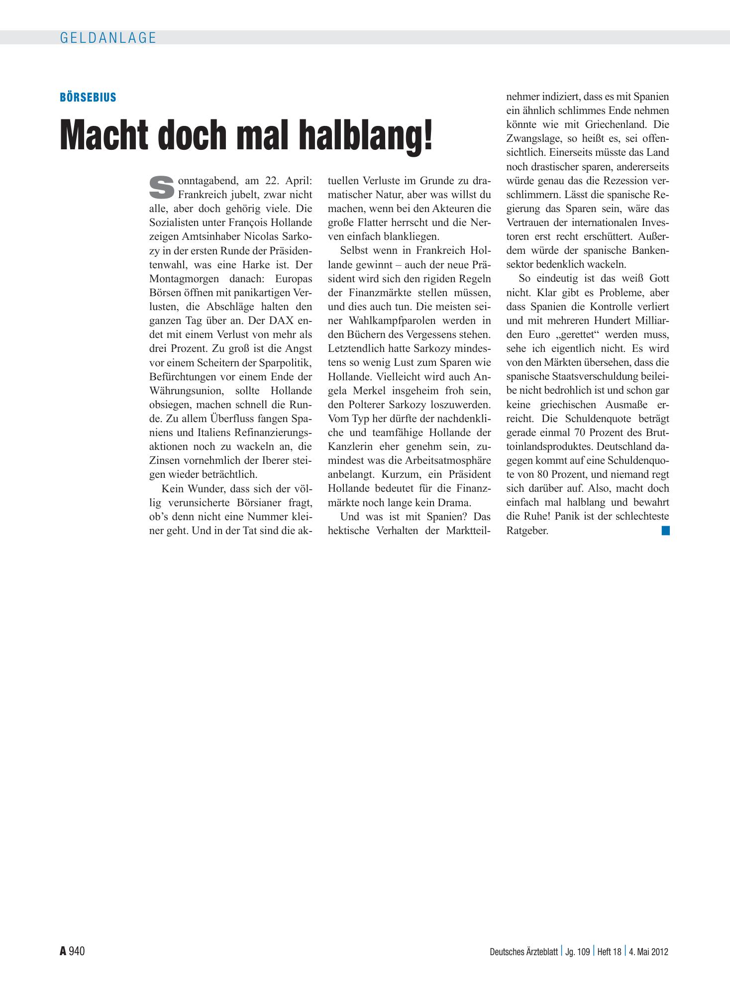 Vorschauseite 1: Börsebius: Macht doch mal halblang! – Deutsches Ärzteblatt