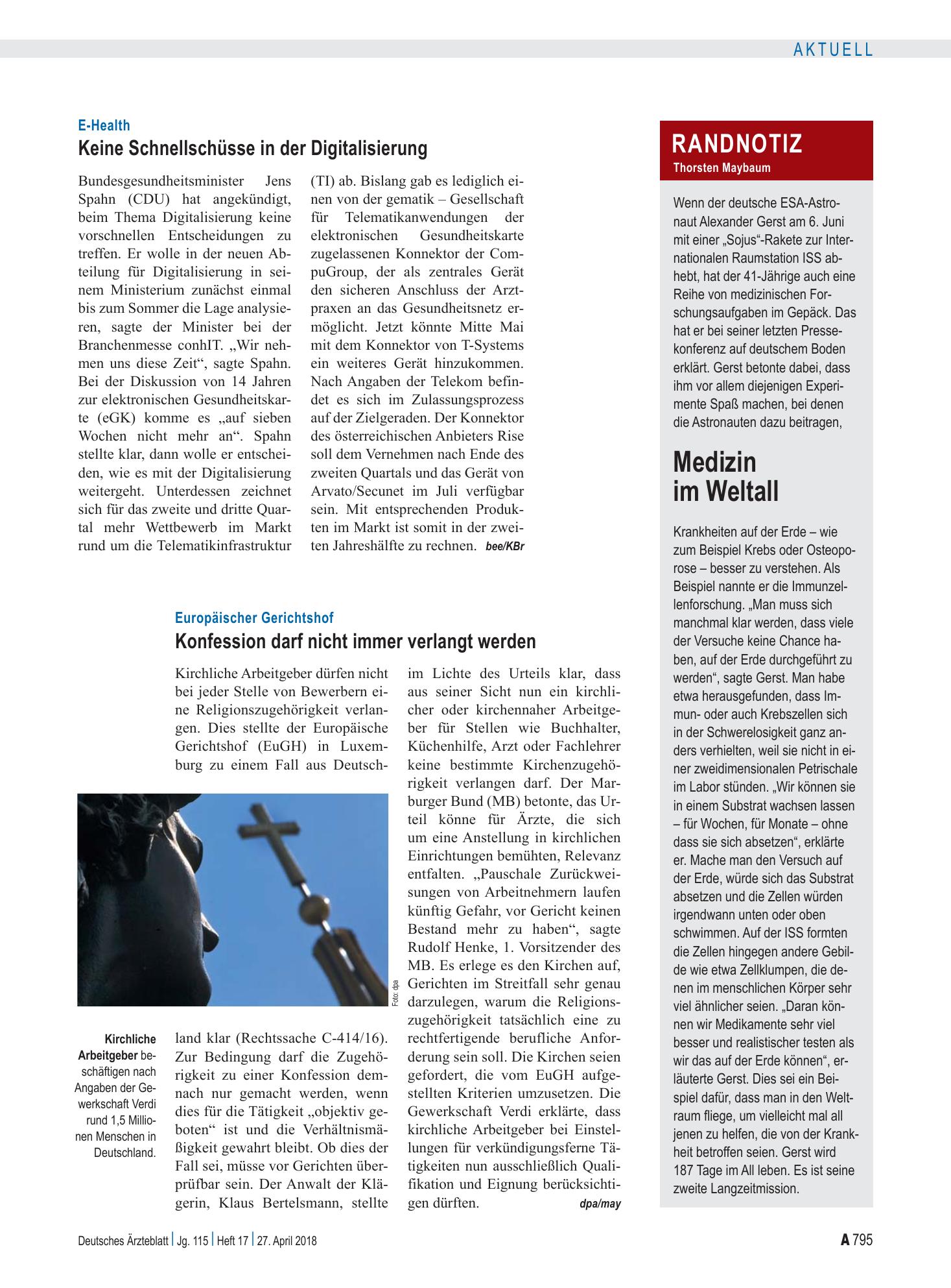 Vorschauseite 1: Randnotiz: Medizin im Weltall – Deutsches Ärzteblatt