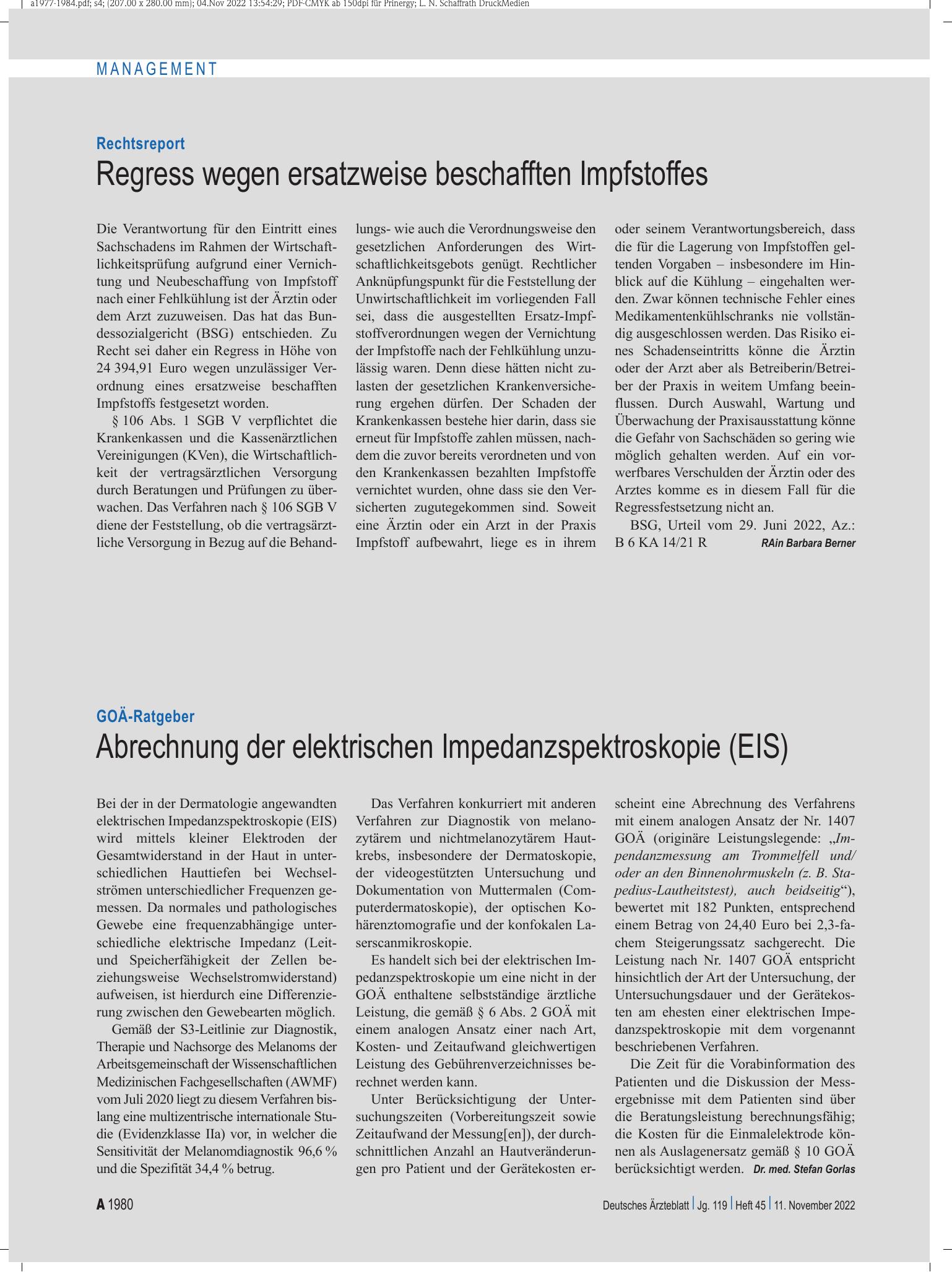 Vorschauseite 1: GOÄ-Ratgeber: Abrechnung der elektrischen Impedanzspektroskopie (EIS) – Deutsches Ärzteblatt