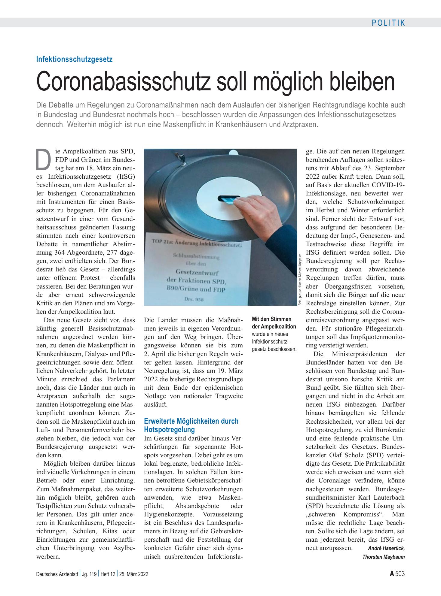 Vorschauseite 1: Infektionsschutzgesetz: Coronabasisschutz soll möglich bleiben – Deutsches Ärzteblatt