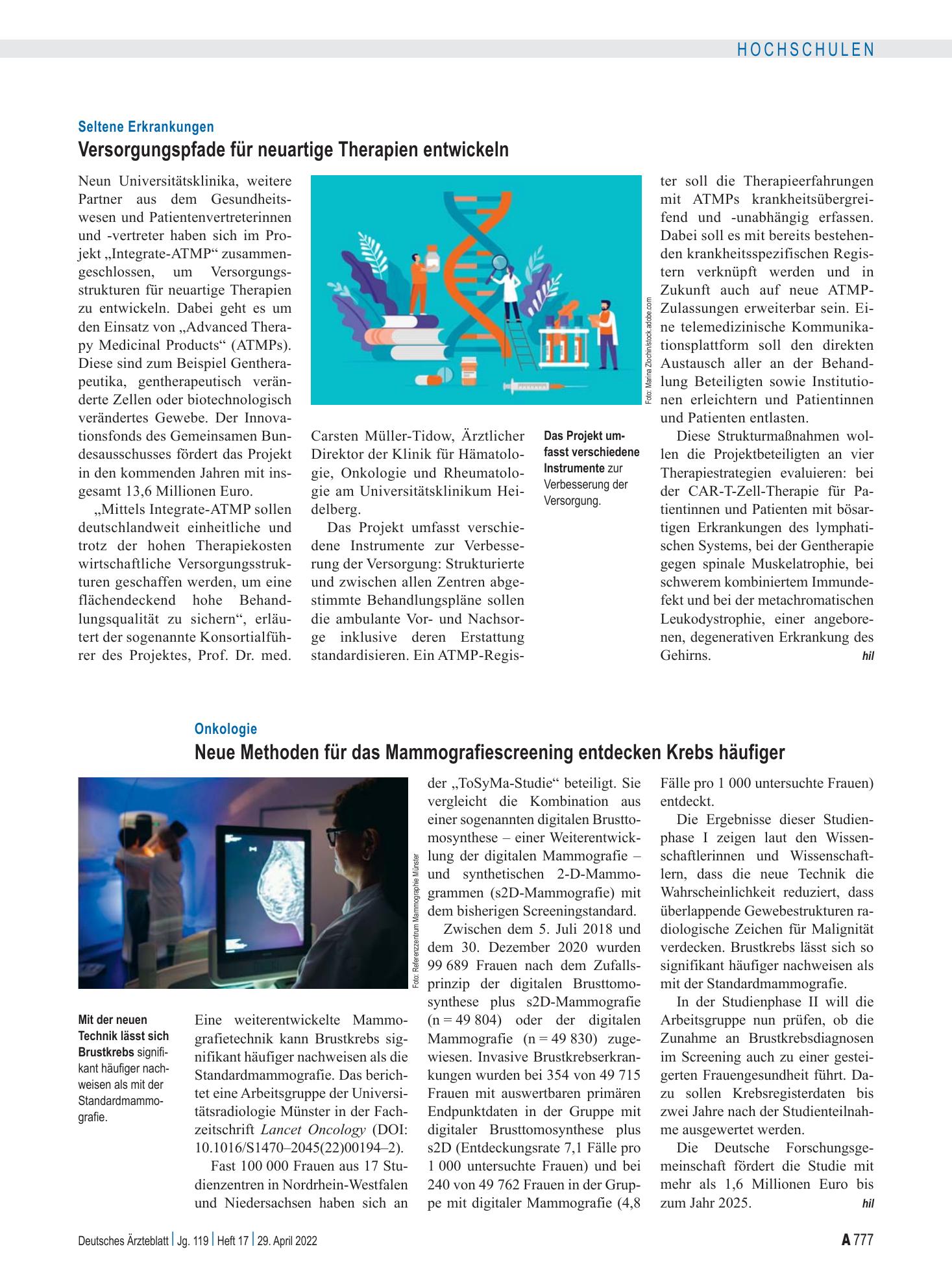 Vorschauseite 1: Onkologie: Neue Methoden für das Mammografiescreening entdecken Krebs häufiger – Deutsches Ärzteblatt