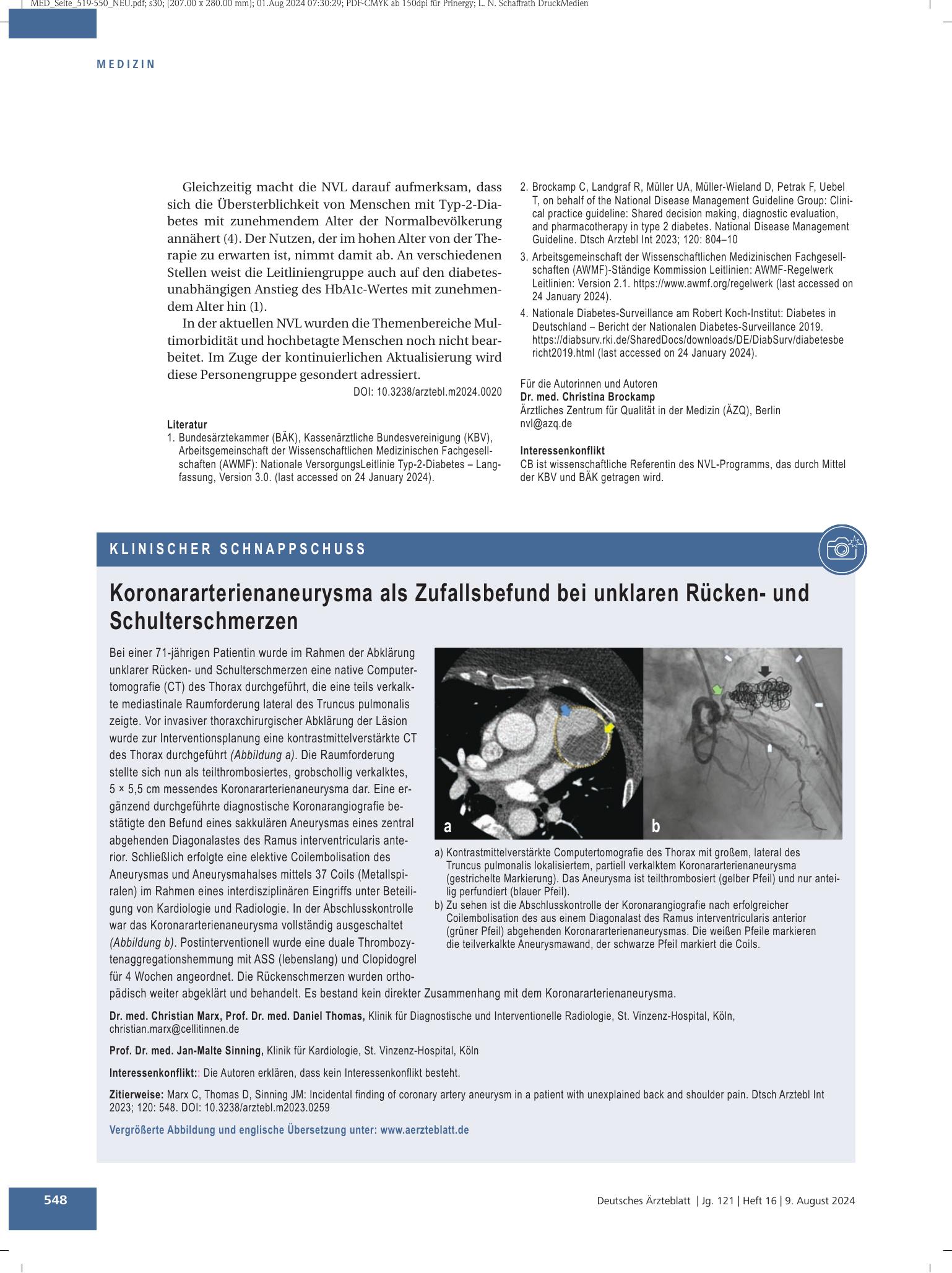 Vorschauseite 1: Koronararterienaneurysma als Zufallsbefund bei unklaren Rücken- und Schulterschmerzen – Deutsches Ärzteblatt