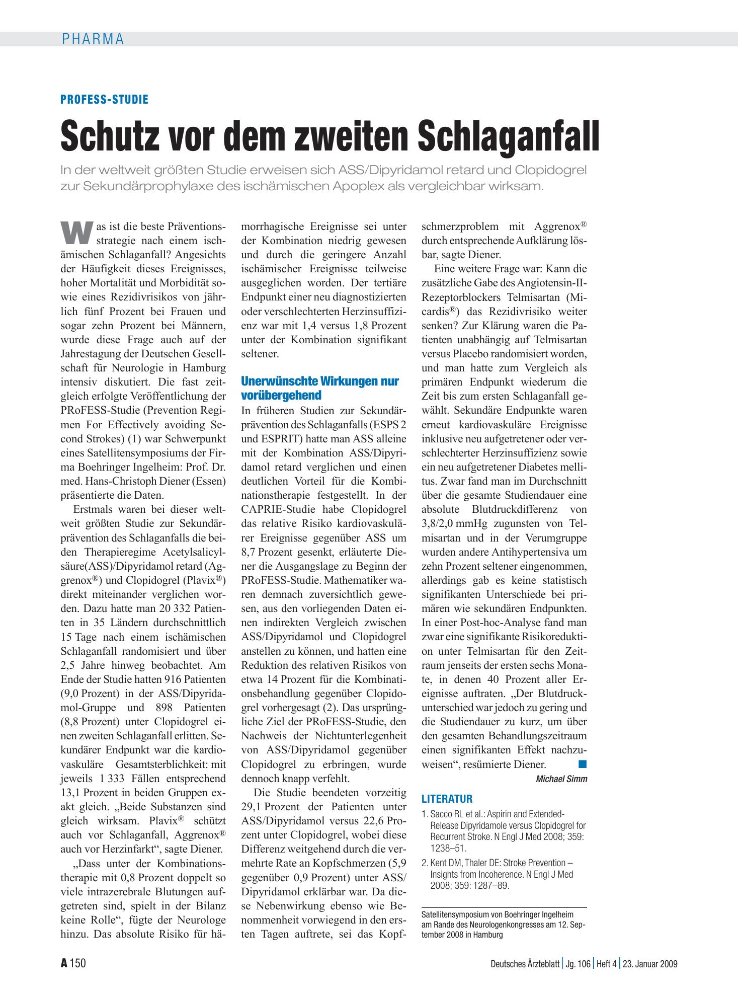 Vorschauseite 1: Profess-Studie: Schutz vor dem zweiten Schlaganfall – Deutsches Ärzteblatt