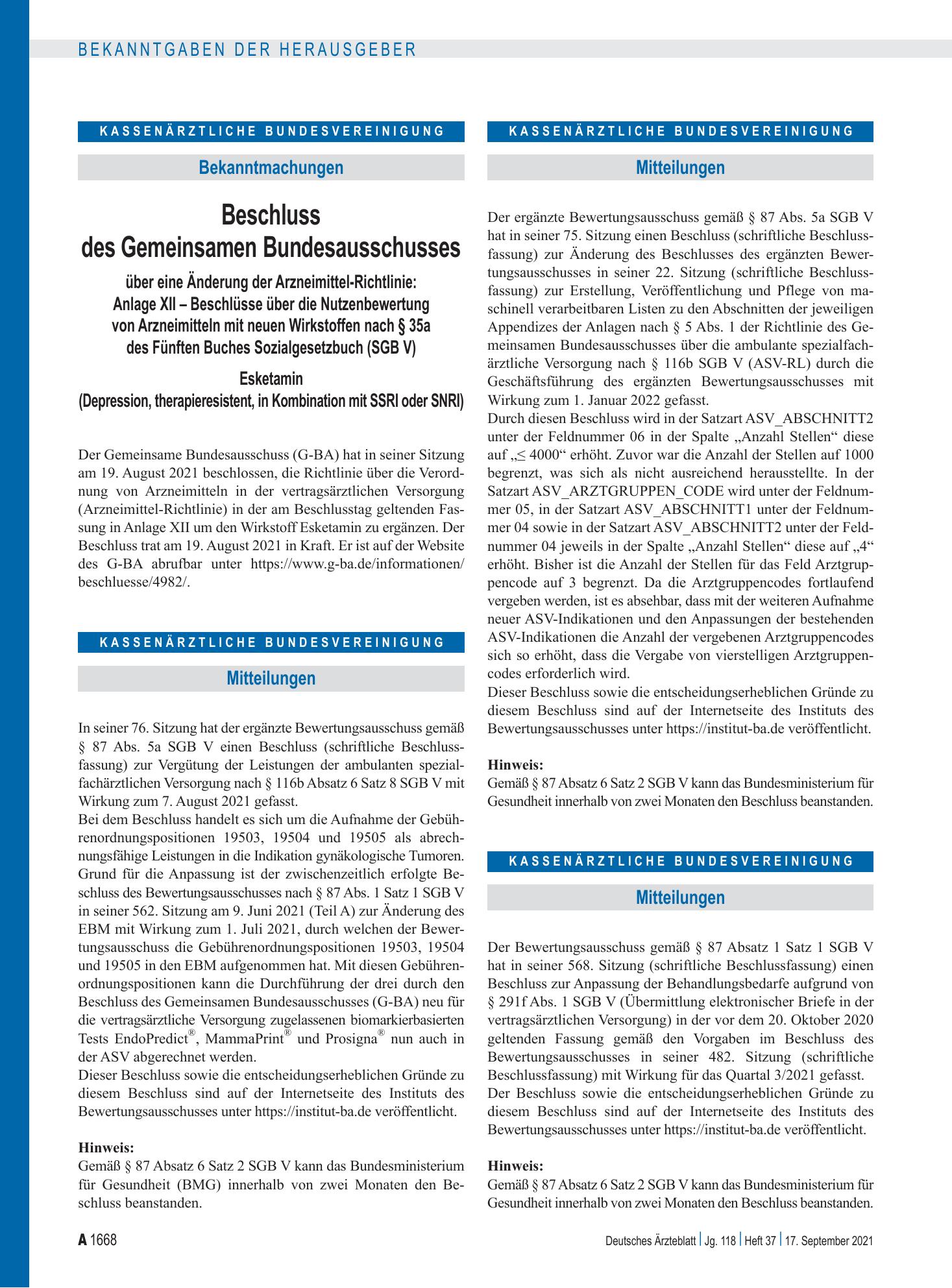 Vorschauseite 1: Mitteilungen – Deutsches Ärzteblatt