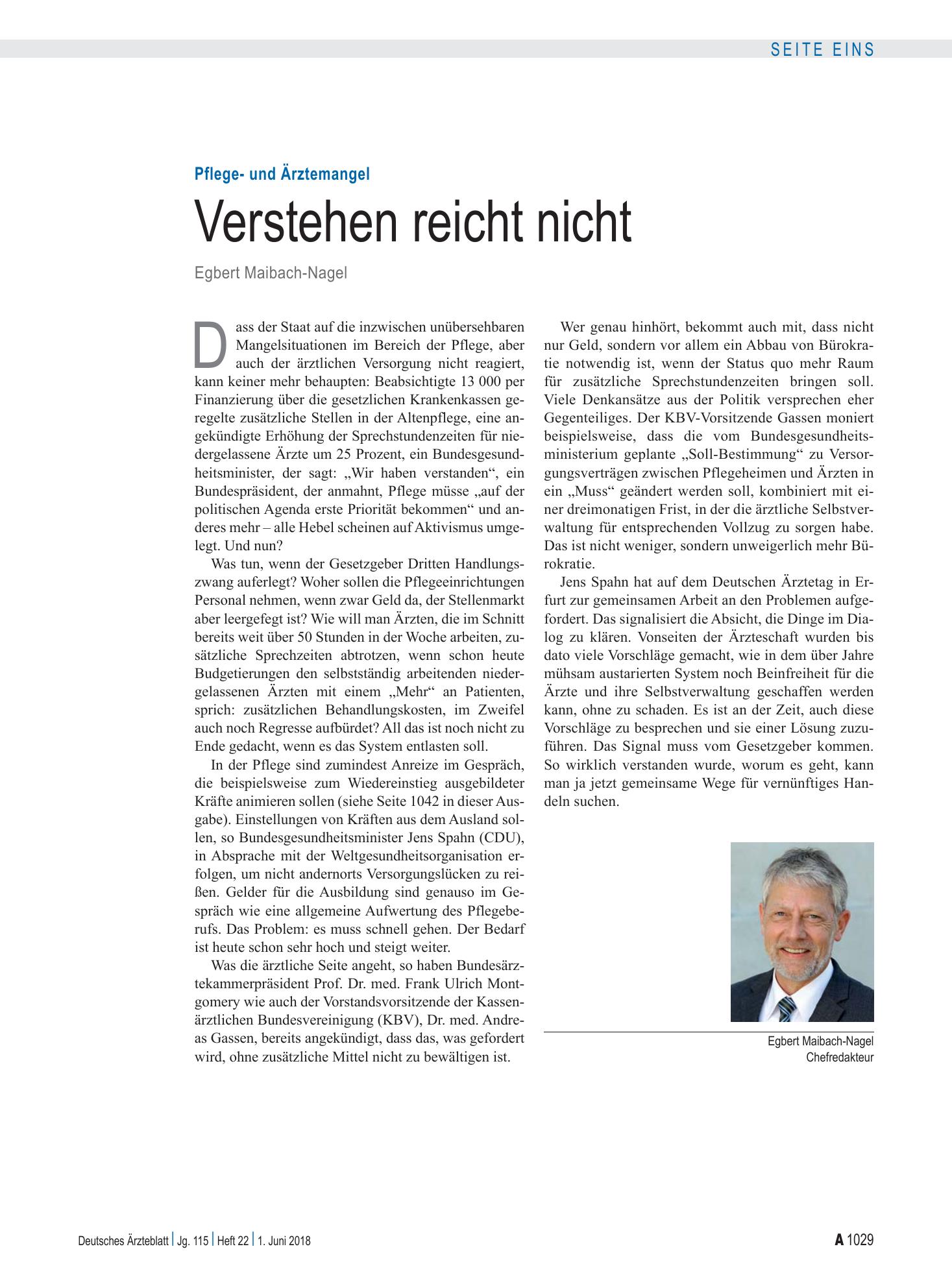 Vorschauseite 1: Pflege- und Ärztemangel: Verstehen reicht nicht – Deutsches Ärzteblatt