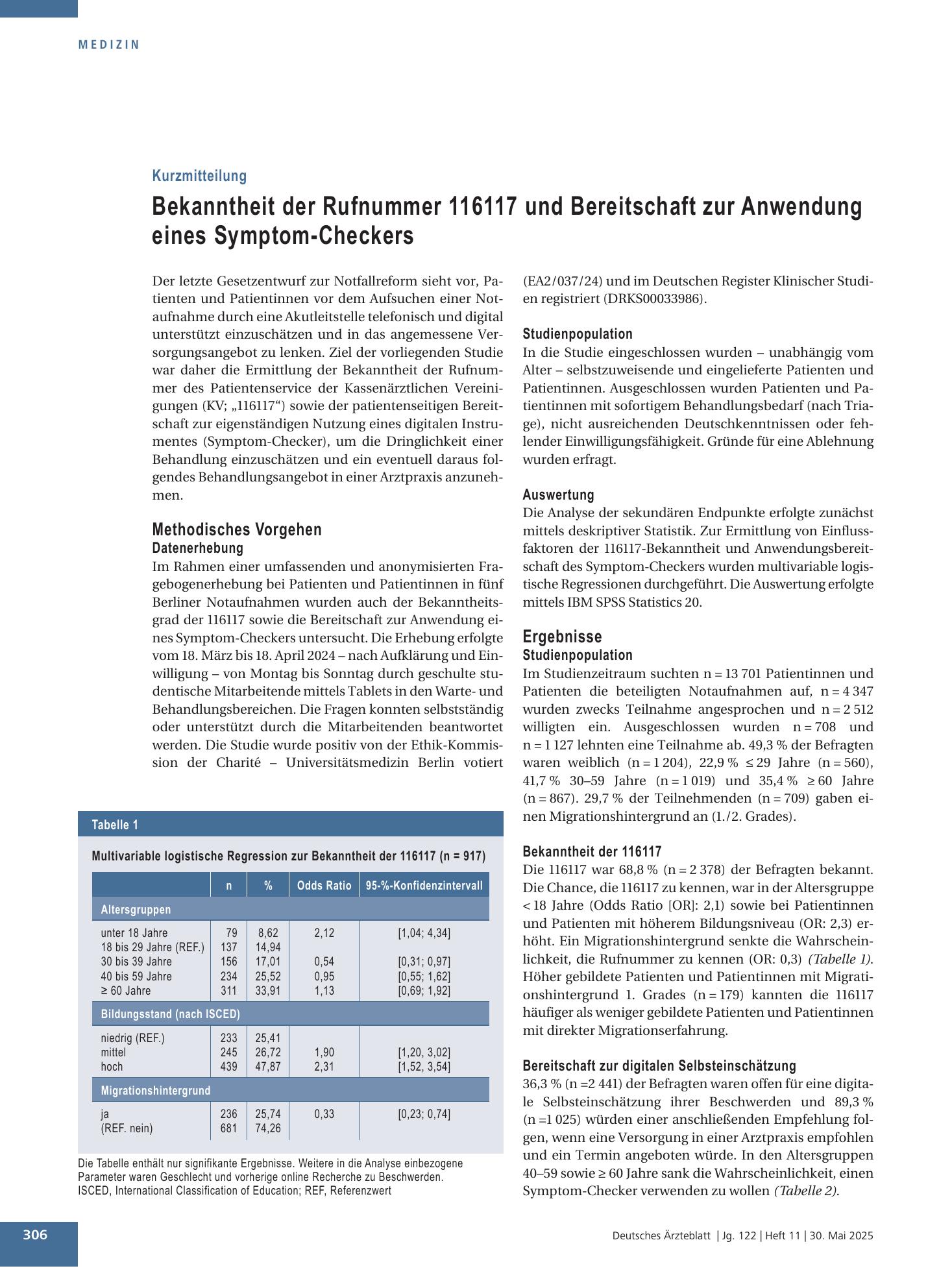 Vorschauseite 1: Bekanntheit der Rufnummer 116117 und Bereitschaft zur Anwendung eines Symptom-Checkers – Deutsches Ärzteblatt