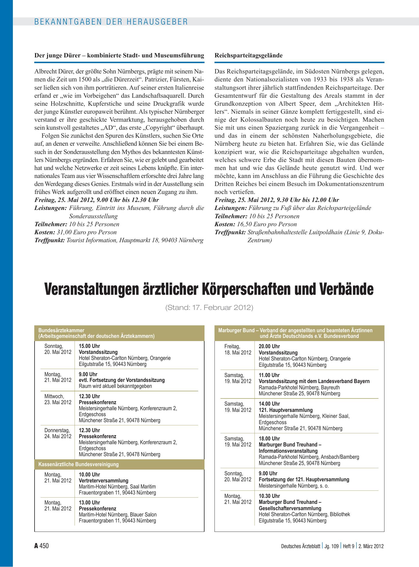 Vorschauseite 1: Veranstaltungen ärztlicher Körperschaften und Verbände – Deutsches Ärzteblatt