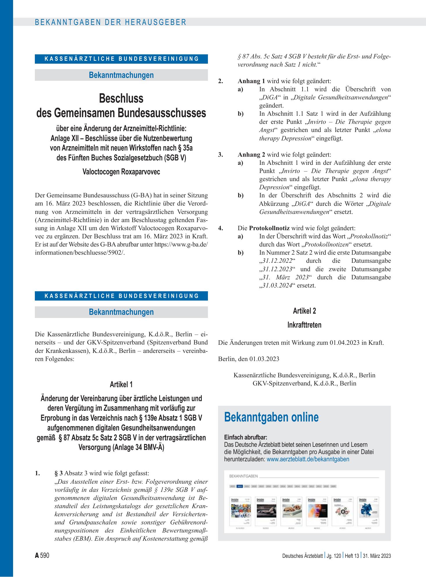 Vorschauseite 1: Beschluss des Gemeinsamen Bundesausschusses über eine Änderung der Arzneimittel-Richtlinie: Valoctocogen Roxaparvovec – Deutsches Ärzteblatt