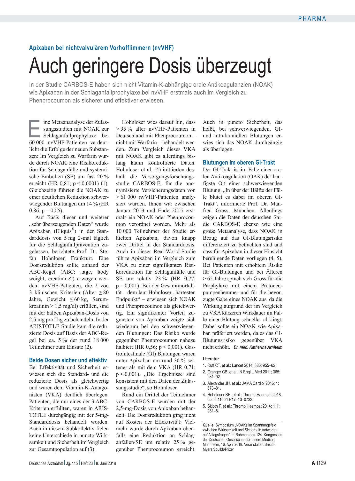 Vorschauseite 1: Apixaban bei nichtvalvulärem Vorhofflimmern (nvVHF): Auch geringere Dosis überzeugt – Deutsches Ärzteblatt