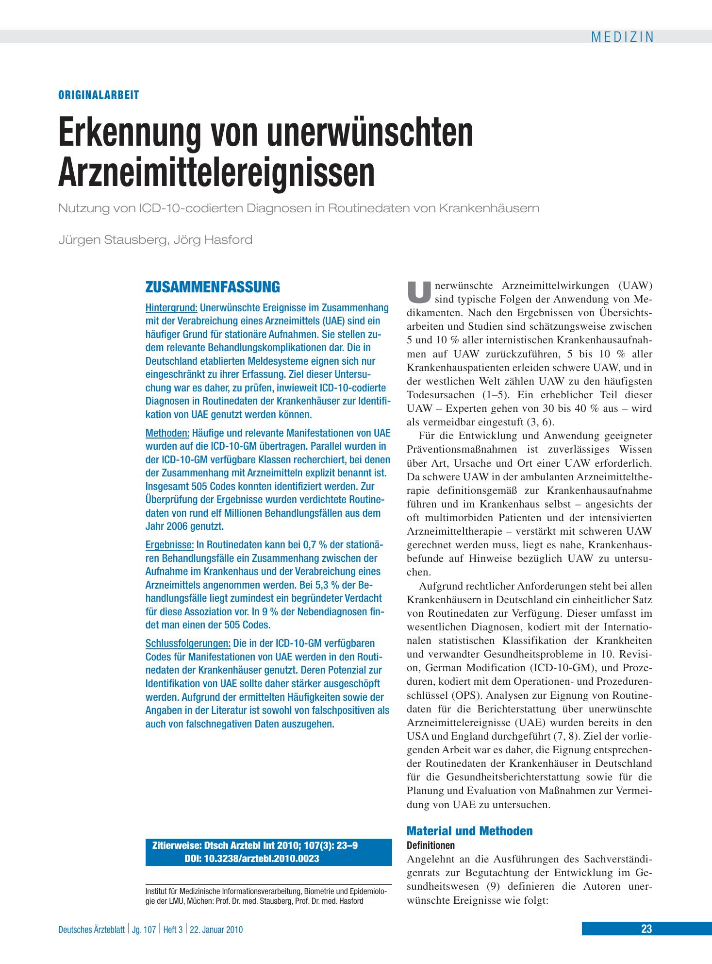 Vorschauseite 1: Erkennung von unerwünschten Arzneimittelereignissen – Deutsches Ärzteblatt