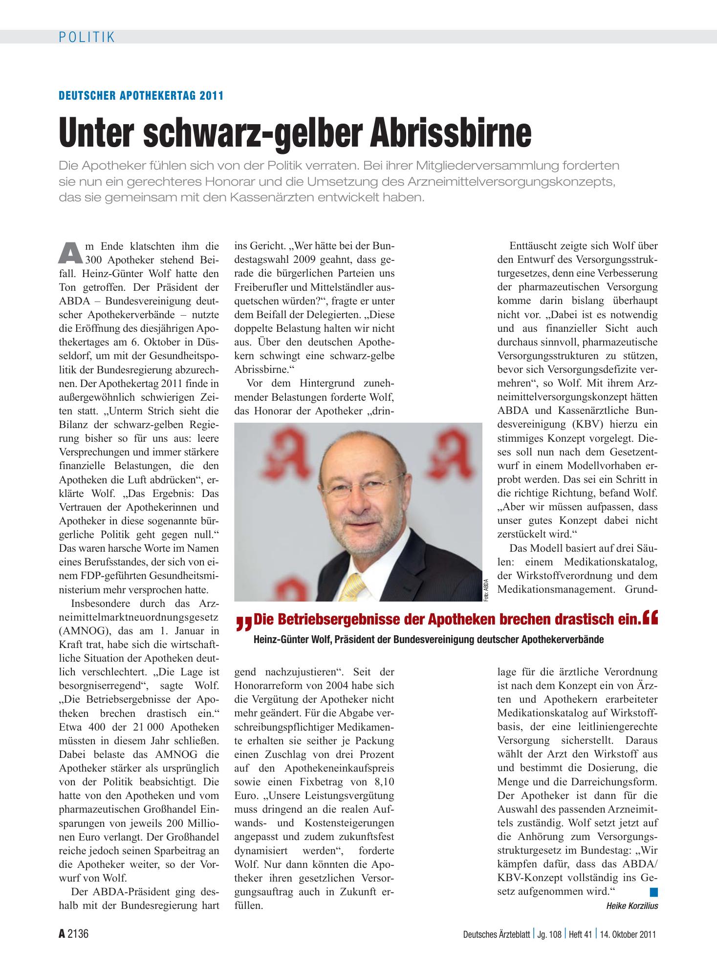 Vorschauseite 1: Deutscher Apothekertag 2011: Unter schwarz-gelber Abrissbirne – Deutsches Ärzteblatt