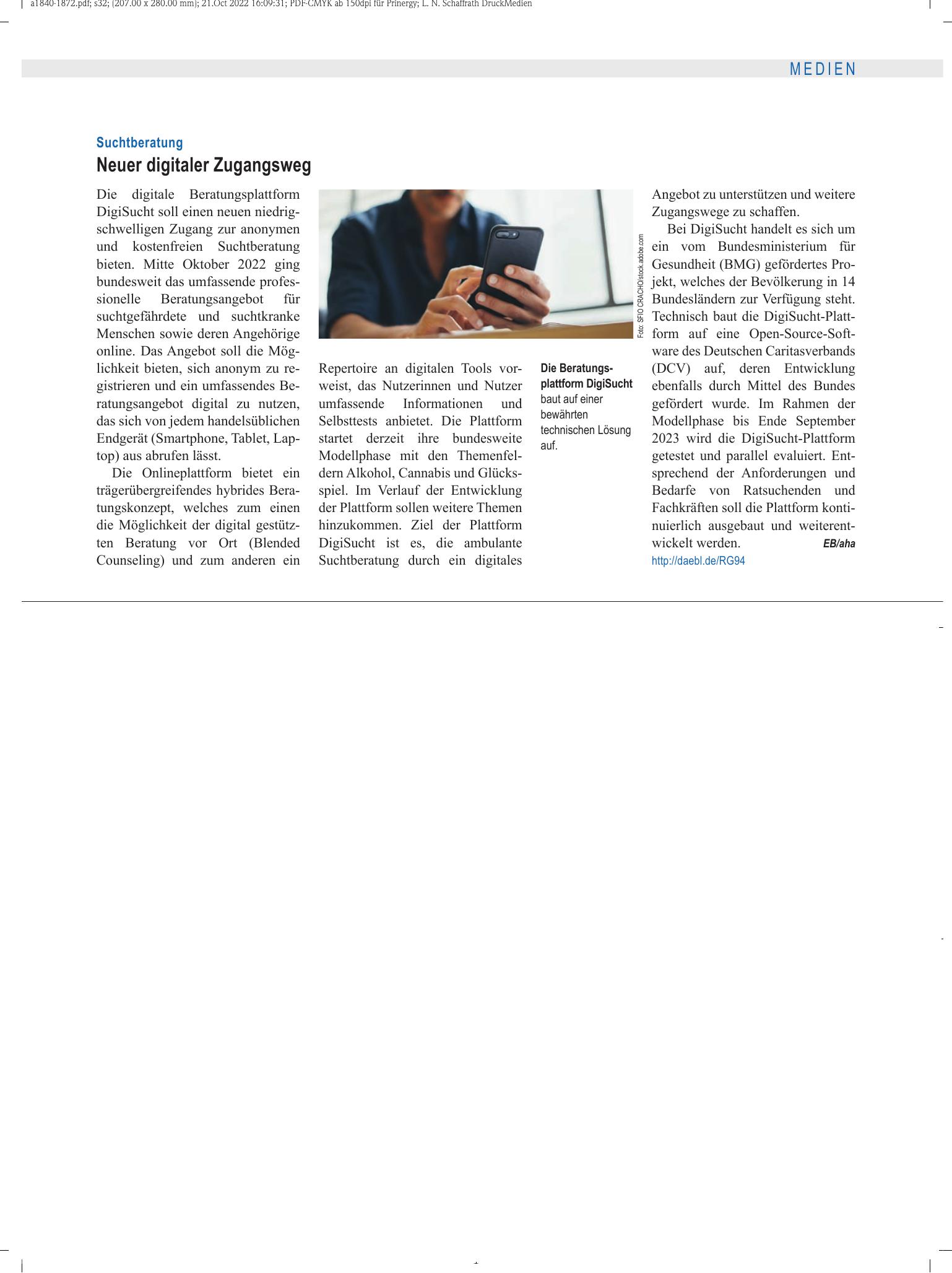 Vorschauseite 1: Suchtberatung: Neuer digitaler Zugangsweg – Deutsches Ärzteblatt