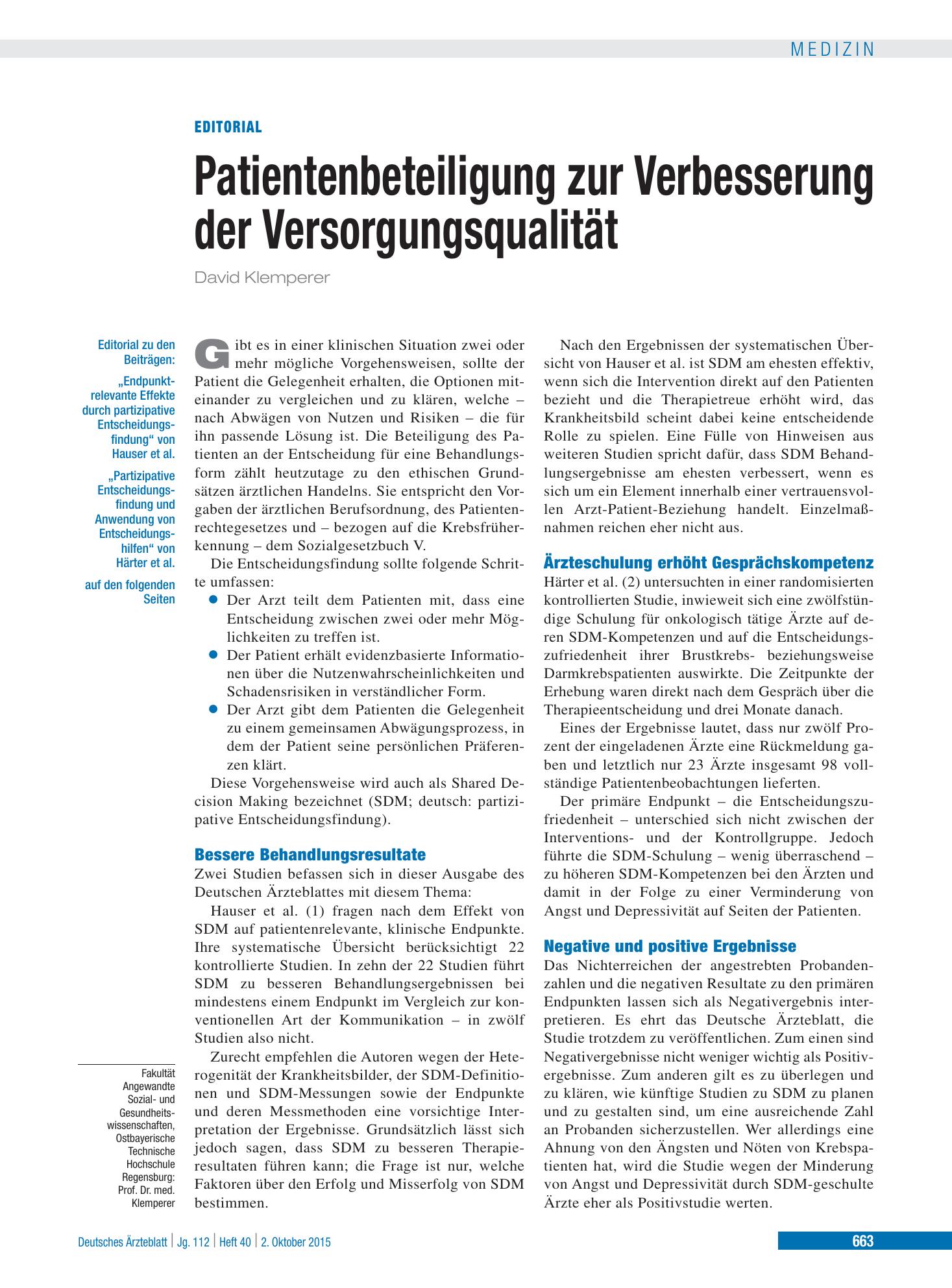 Vorschauseite 1: Endpunkt-relevante Effekte durch partizipative Entscheidungsfindung – Deutsches Ärzteblatt