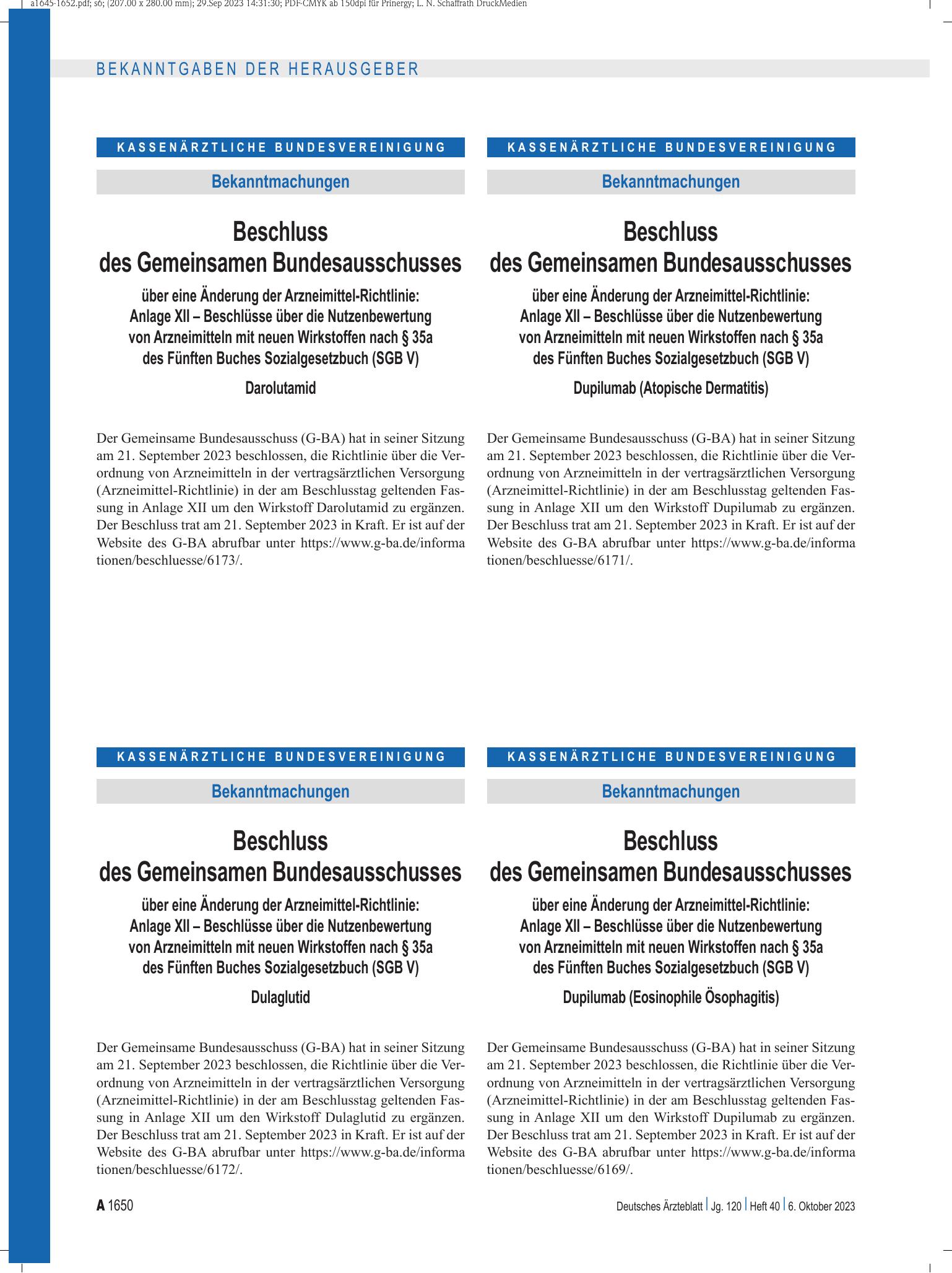 Vorschauseite 1: Beschluss des Gemeinsamen Bundesausschusses über eine Änderung der Arzneimittel-Richtlinie: Dulaglutid – Deutsches Ärzteblatt