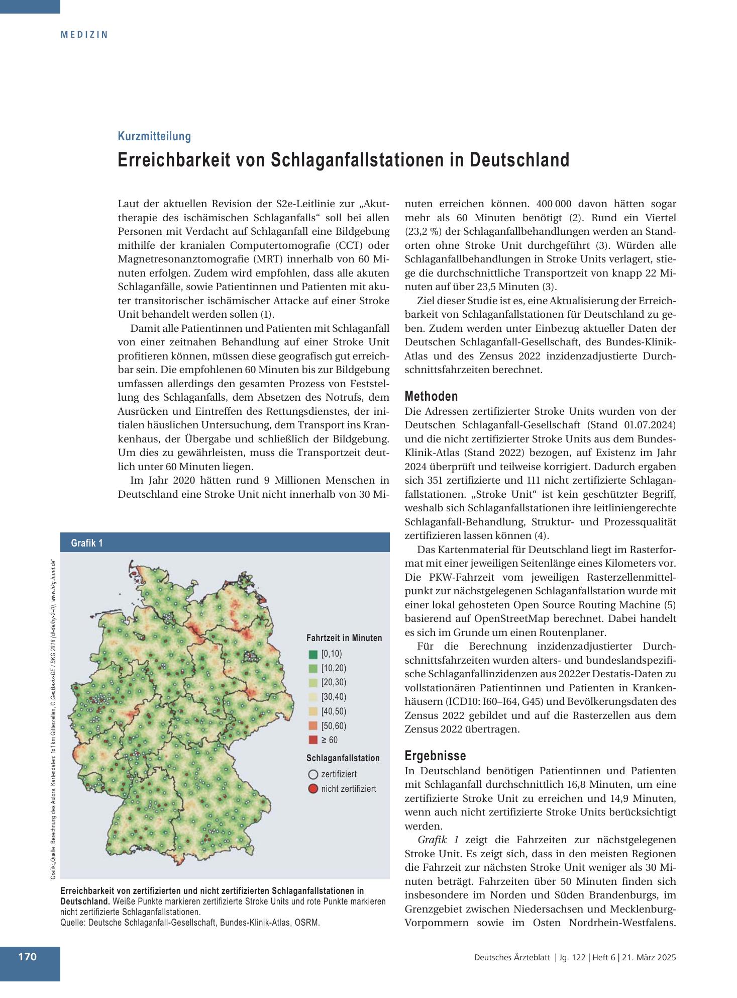 Vorschauseite 1: Erreichbarkeit von Schlaganfallstationen in Deutschland – Deutsches Ärzteblatt