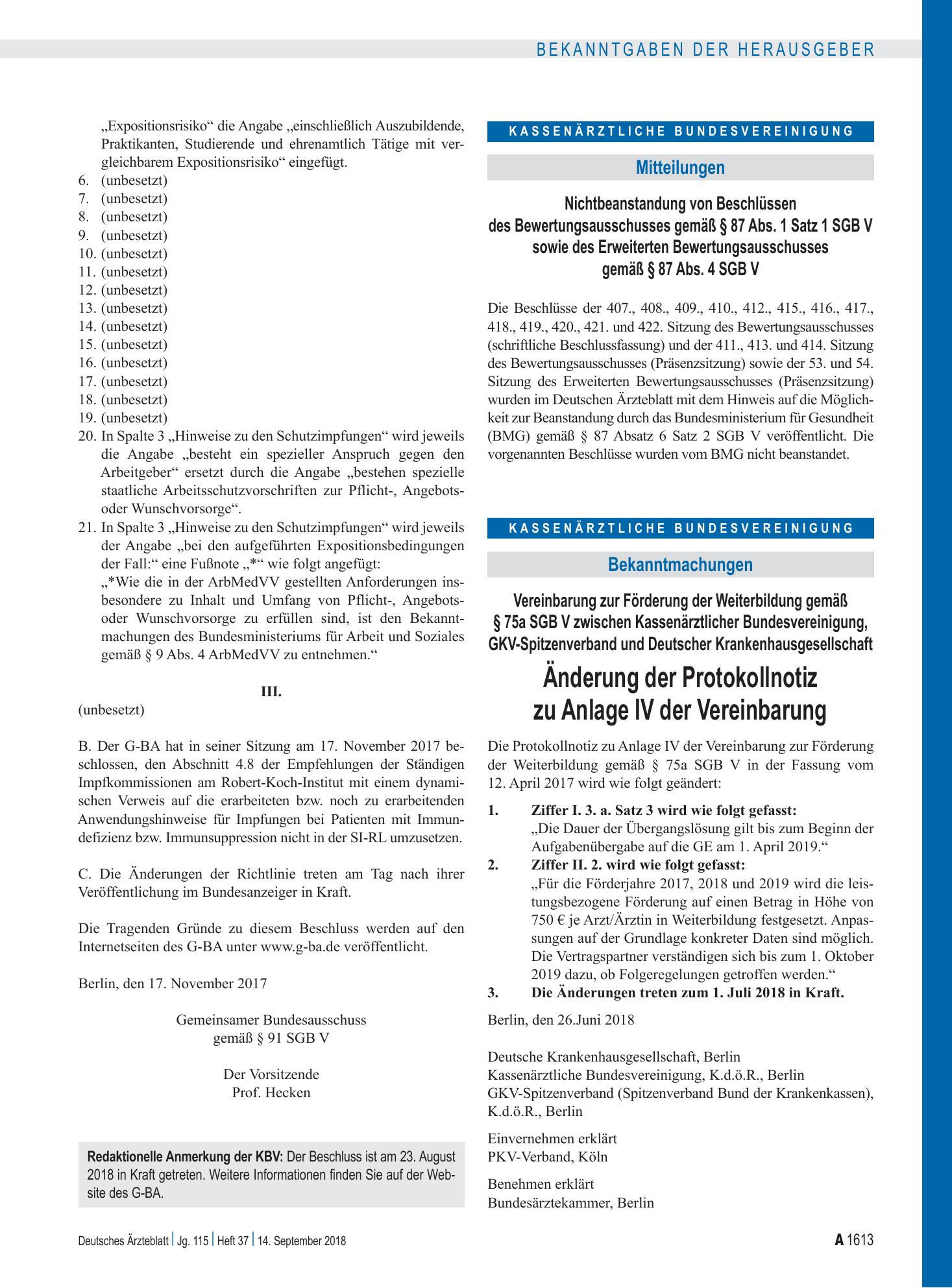 Vorschauseite 1: Nichtbeanstandung von Beschlüssen des Bewertungsausschusses gemäß § 87 Abs. 1 Satz 1 SGB V sowie des Erweiterten Bewertungsausschusses gemäß § 87 Abs. 4 SGB V – Deutsches Ärztebla…