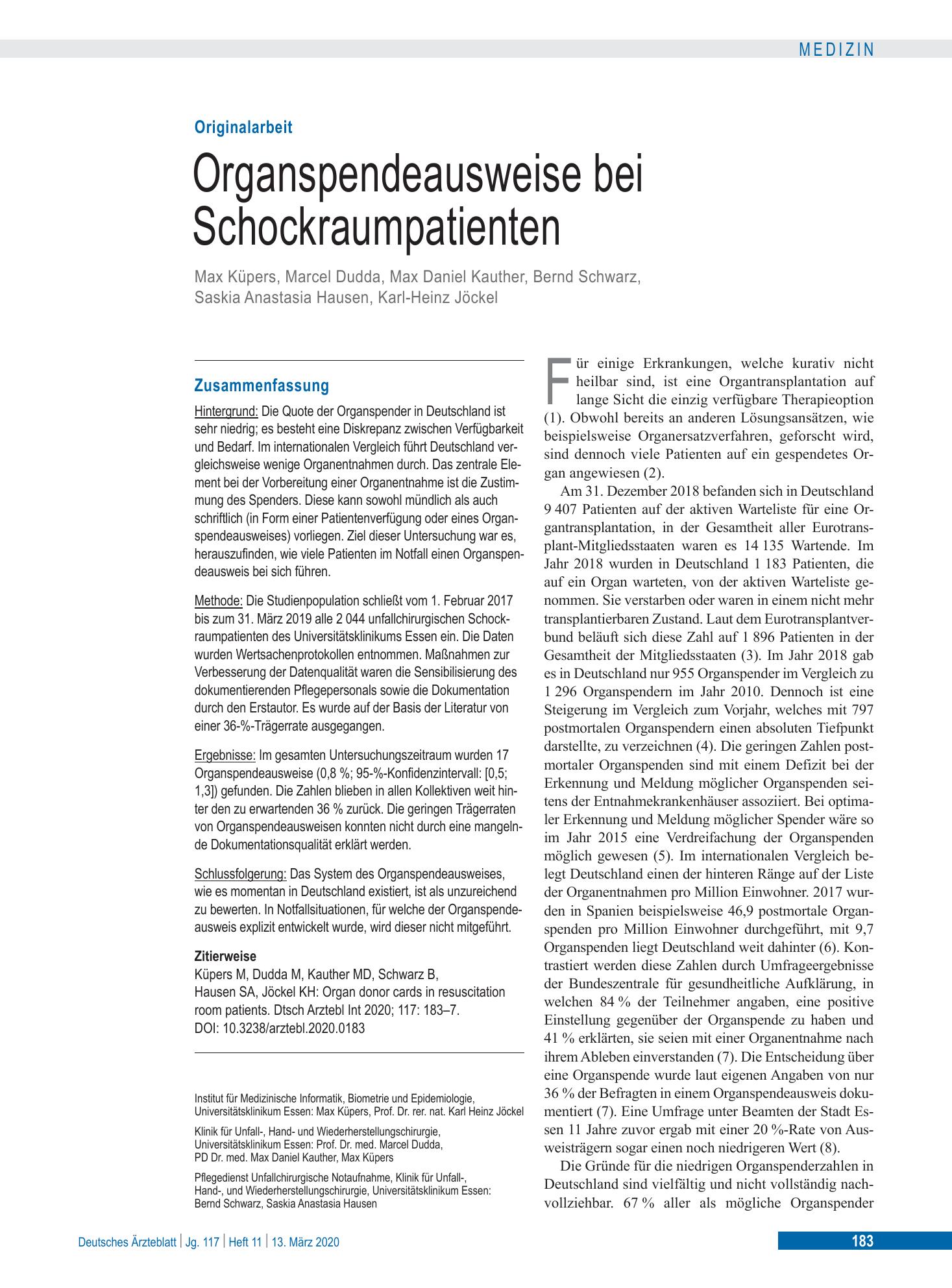Vorschauseite 1: Organspendeausweise bei Schockraumpatienten – Deutsches Ärzteblatt