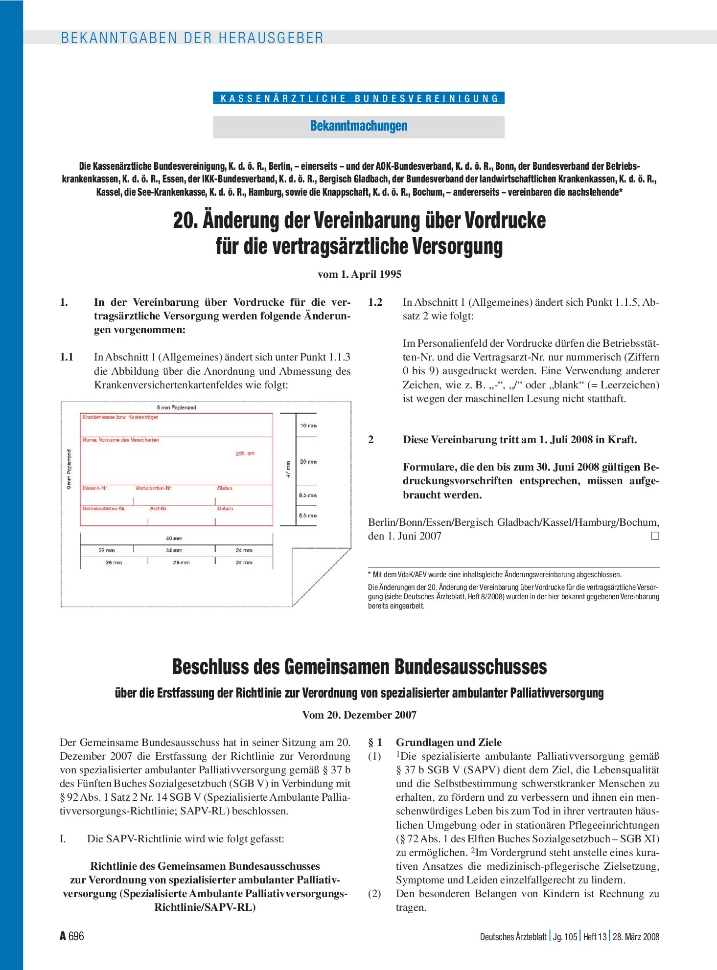 Vorschauseite 1: Bekanntmachungen: 20. Änderung der Vereinbarung über Vordrucke für die vertragsärztliche Versorgung – Deutsches Ärzteblatt