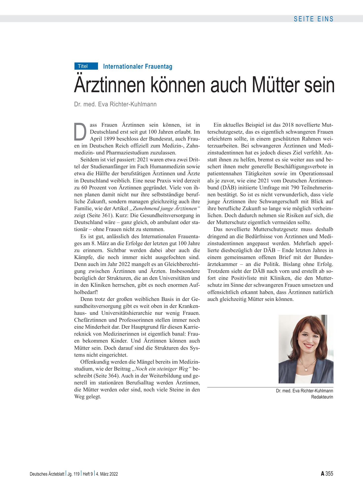 Vorschauseite 1: Internationaler Frauentag: Ärztinnen können auch Mütter sein – Deutsches Ärzteblatt