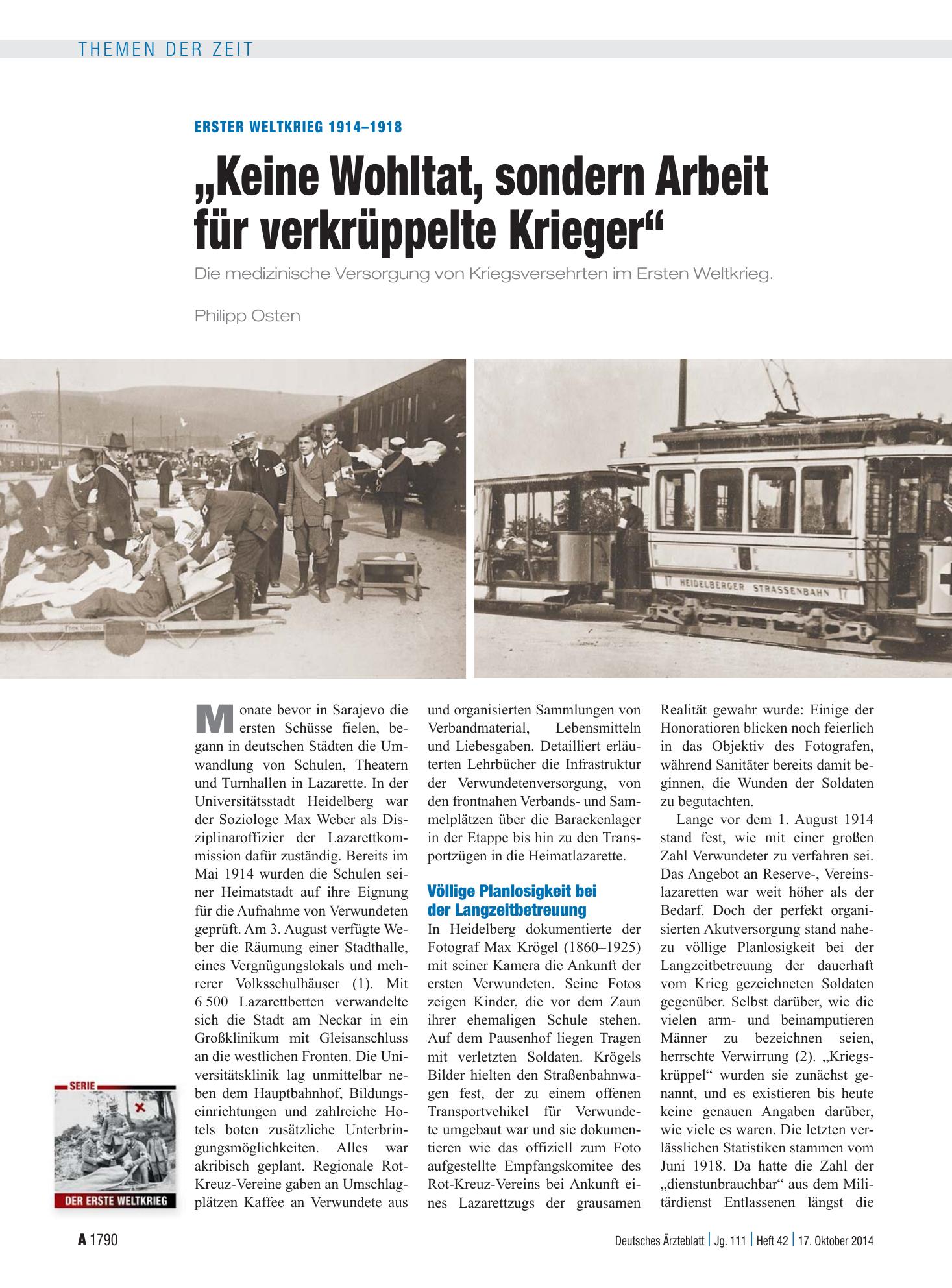 Vorschauseite 1: Erster Weltkrieg 1914–1918: „Keine Wohltat, sondern Arbeit für verkrüppelte Krieger“ – Deutsches Ärzteblatt