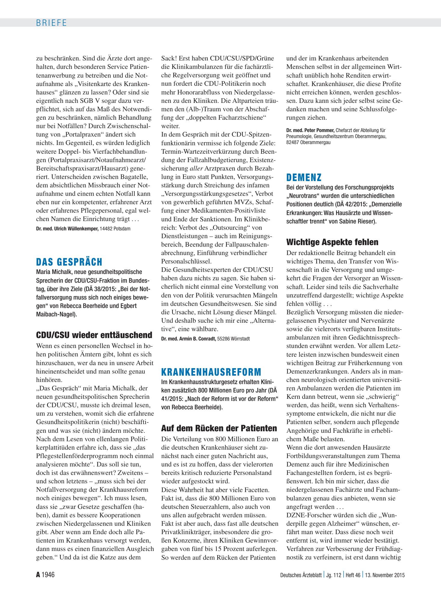 Vorschauseite 1: Das Gespräch: CDU/CSU wieder enttäuschend – Deutsches Ärzteblatt