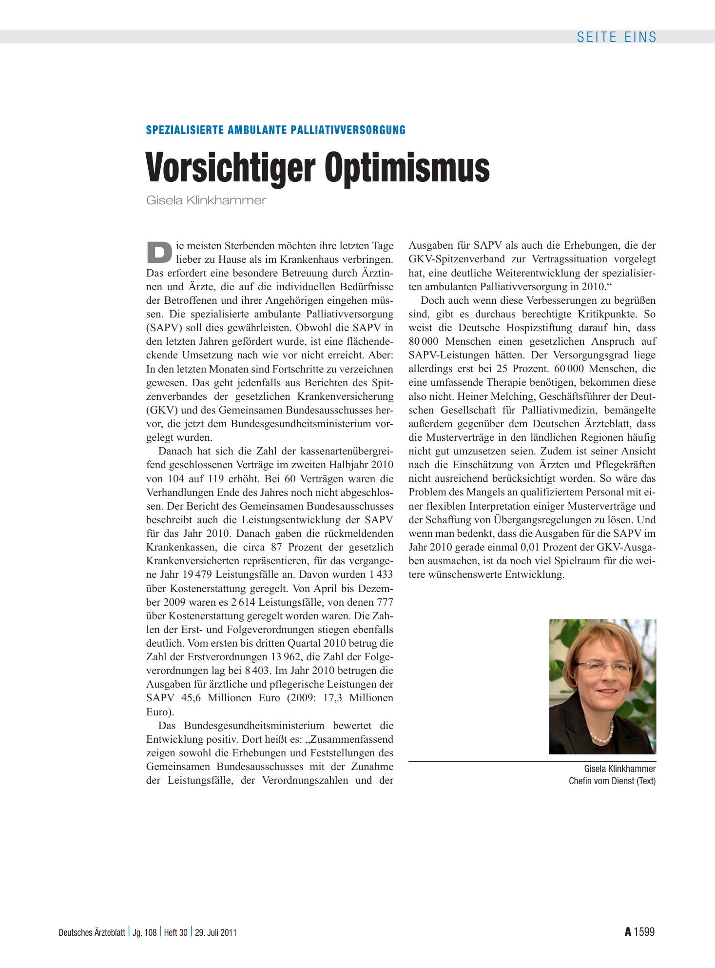 Vorschauseite 1: Spezialisierte ambulante Palliativversorgung: Vorsichtiger Optimismus – Deutsches Ärzteblatt