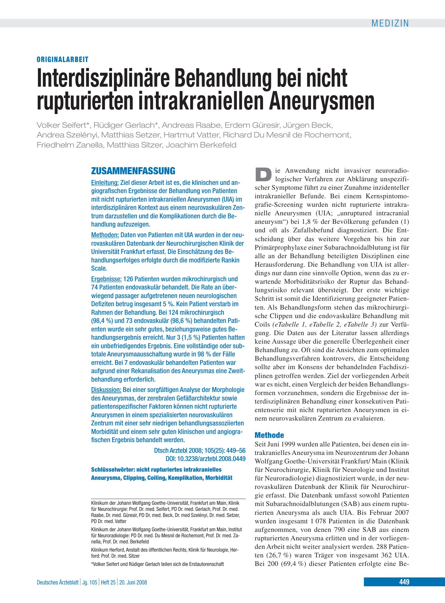 Vorschauseite 1: Interdisziplinäre Behandlung bei nicht rupturierten intrakraniellen Aneurysmen – Deutsches Ärzteblatt