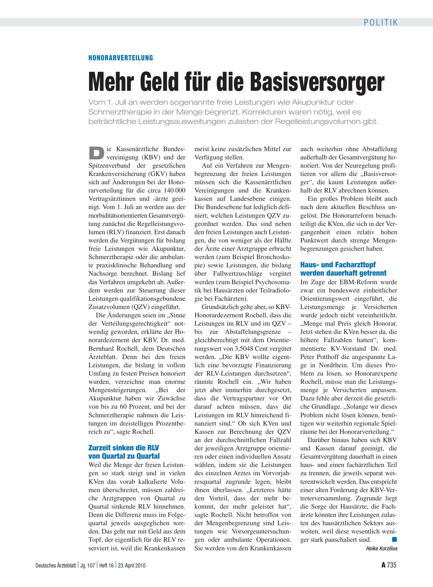 Vorschauseite 1: Honorarverteilung: Mehr Geld für die Basisversorger – Deutsches Ärzteblatt