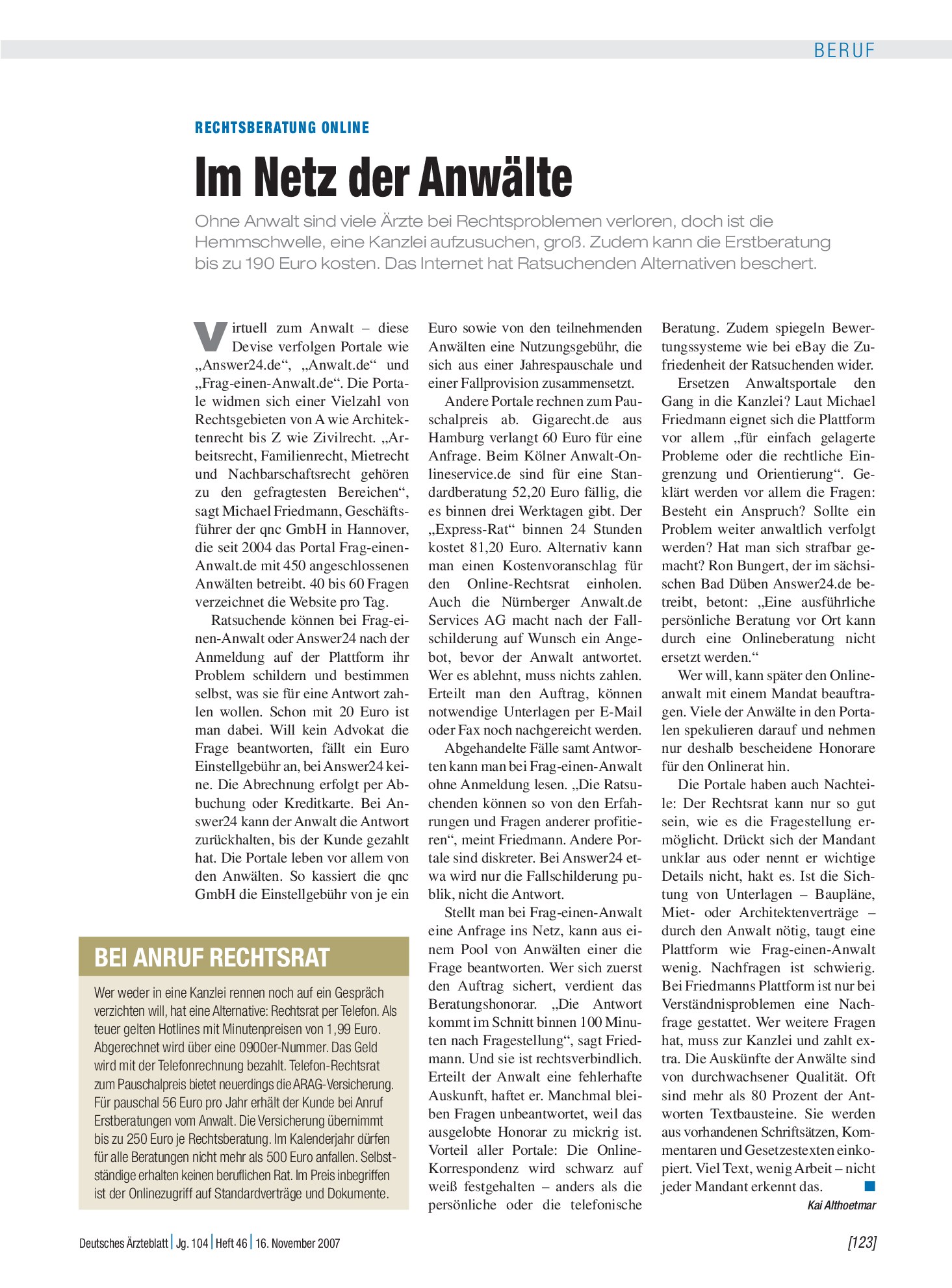 Vorschauseite 1: Rechtsberatung online: Im Netz der Anwälte – Deutsches Ärzteblatt