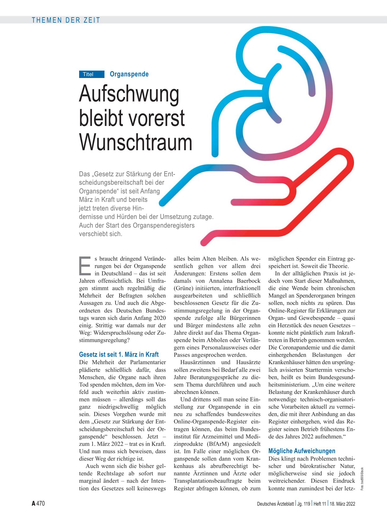 Vorschauseite 1: Organspende: Aufschwung bleibt vorerst Wunschtraum – Deutsches Ärzteblatt