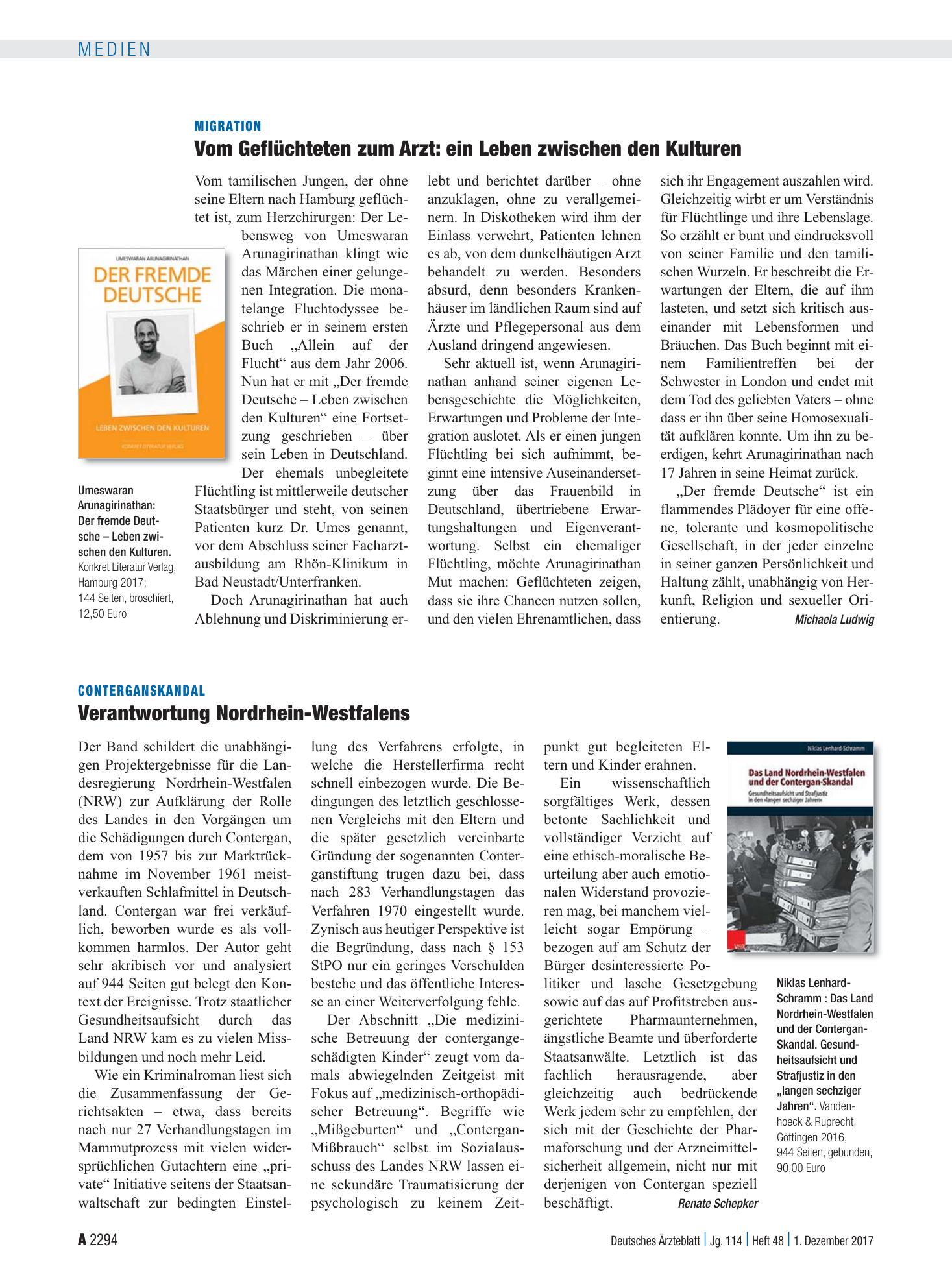 Vorschauseite 1: Conterganskandal: Verantwortung Nordrhein-Westfalens – Deutsches Ärzteblatt