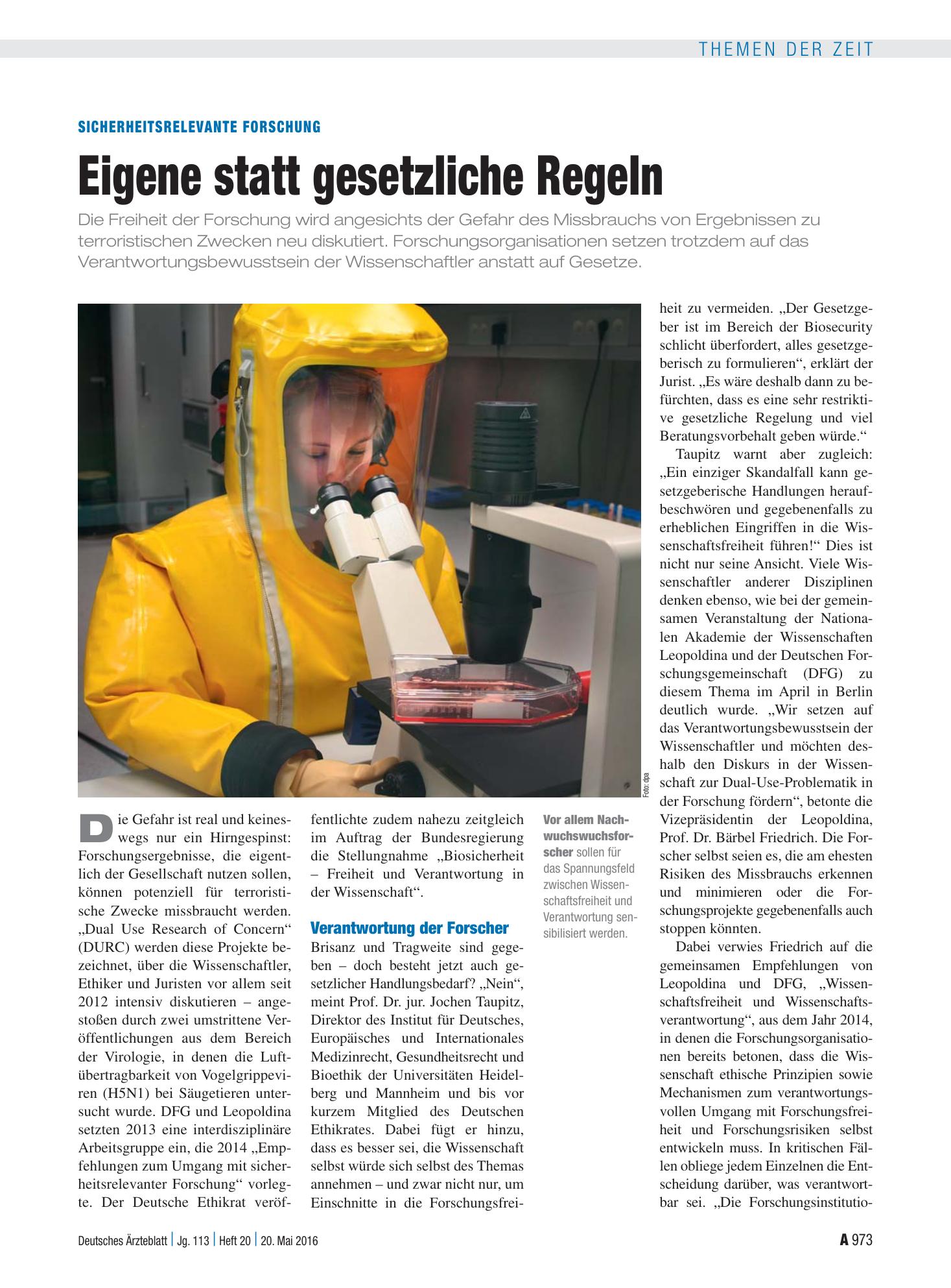 Vorschauseite 1: Sicherheitsrelevante Forschung: Eigene statt gesetzliche Regeln – Deutsches Ärzteblatt