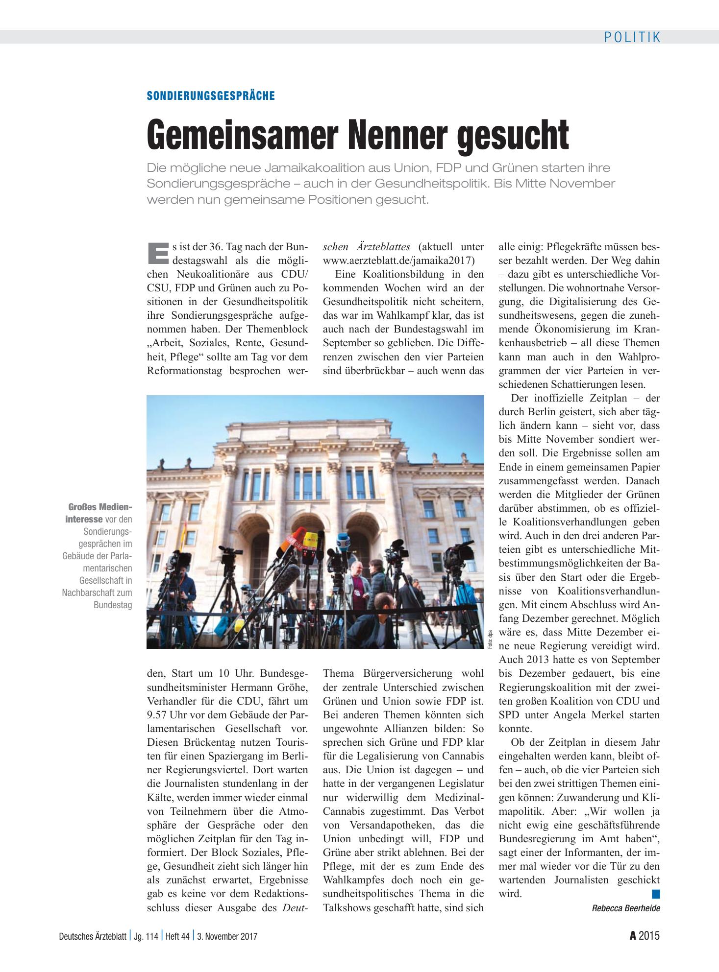 Vorschauseite 1: Sondierungsgespräche: Gemeinsamer Nenner gesucht – Deutsches Ärzteblatt
