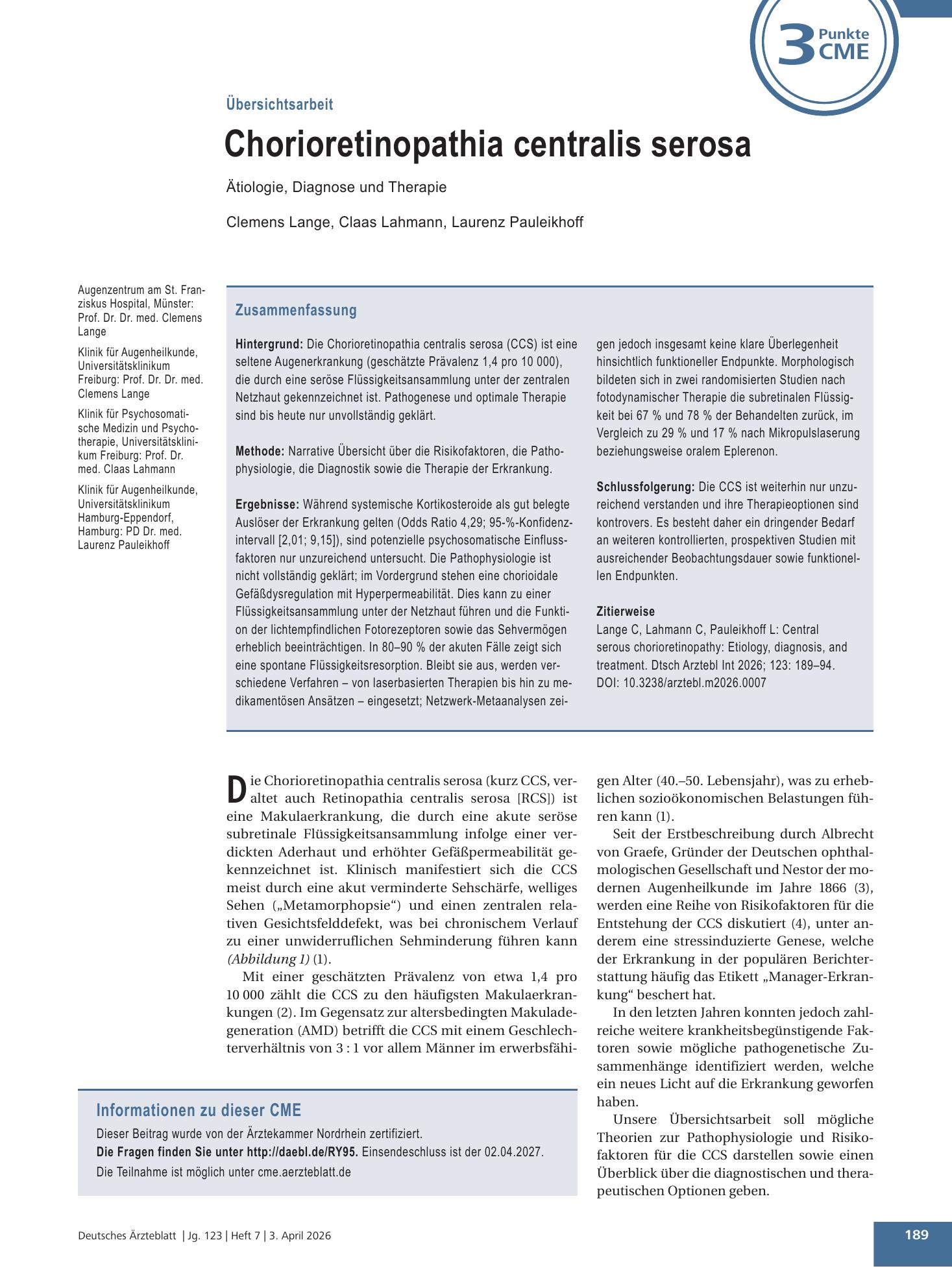 Vorschauseite 1: Chorioretinopathia centralis serosa – Deutsches Ärzteblatt