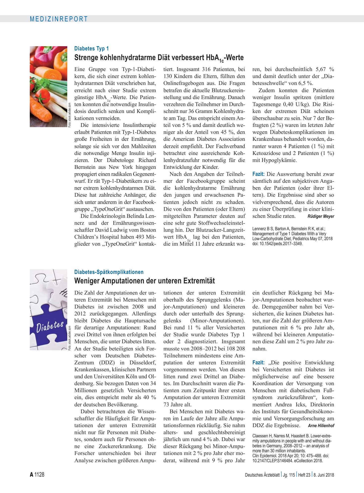 Vorschauseite 1: Diabetes Typ 1: Strenge kohlenhydratarme Diät verbessert HbA 1c -Werte – Deutsches Ärzteblatt