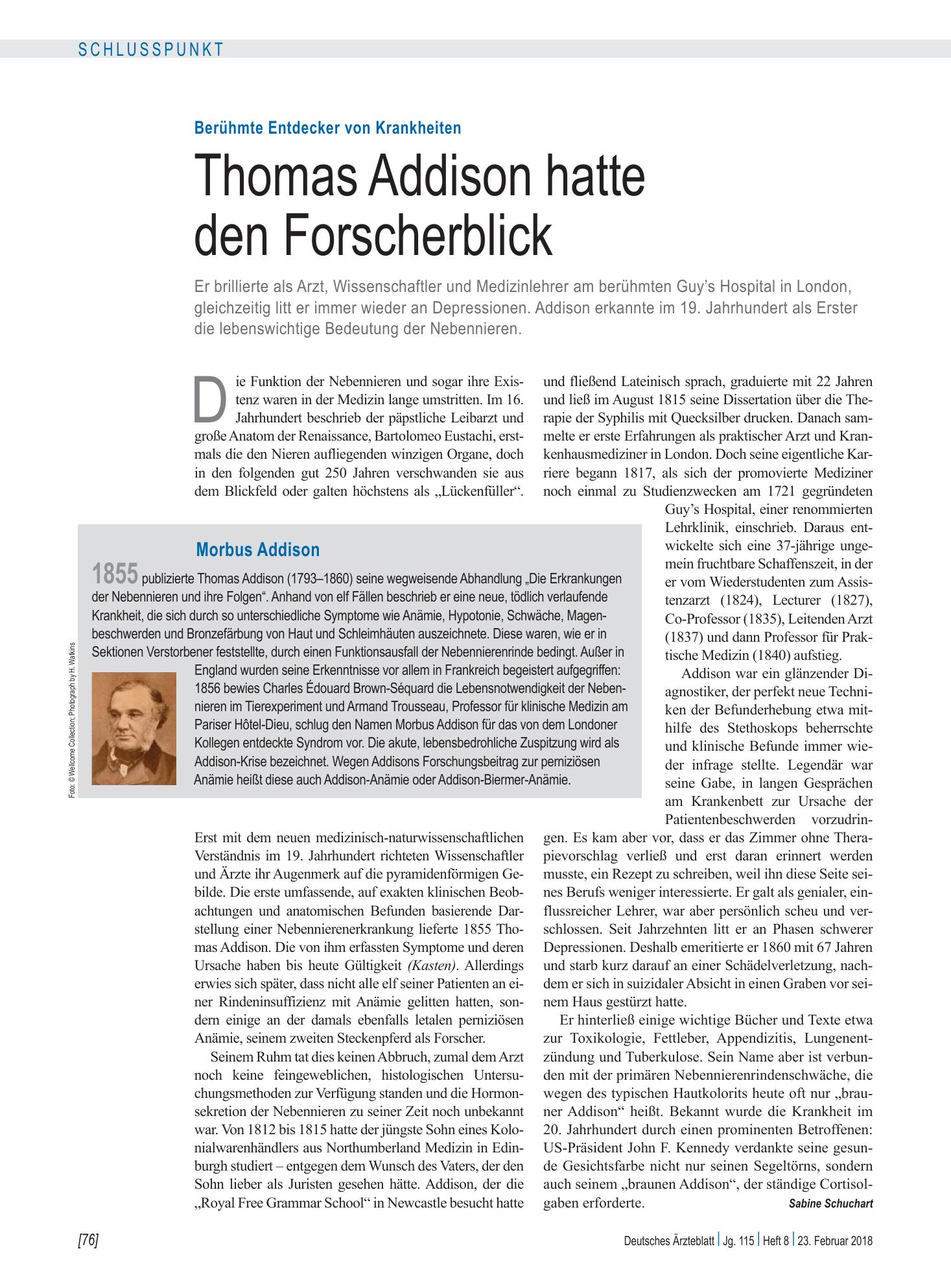 Vorschauseite 1: Berühmte Entdecker von Krankheiten: Thomas Addison hatte den Forscherblick – Deutsches Ärzteblatt