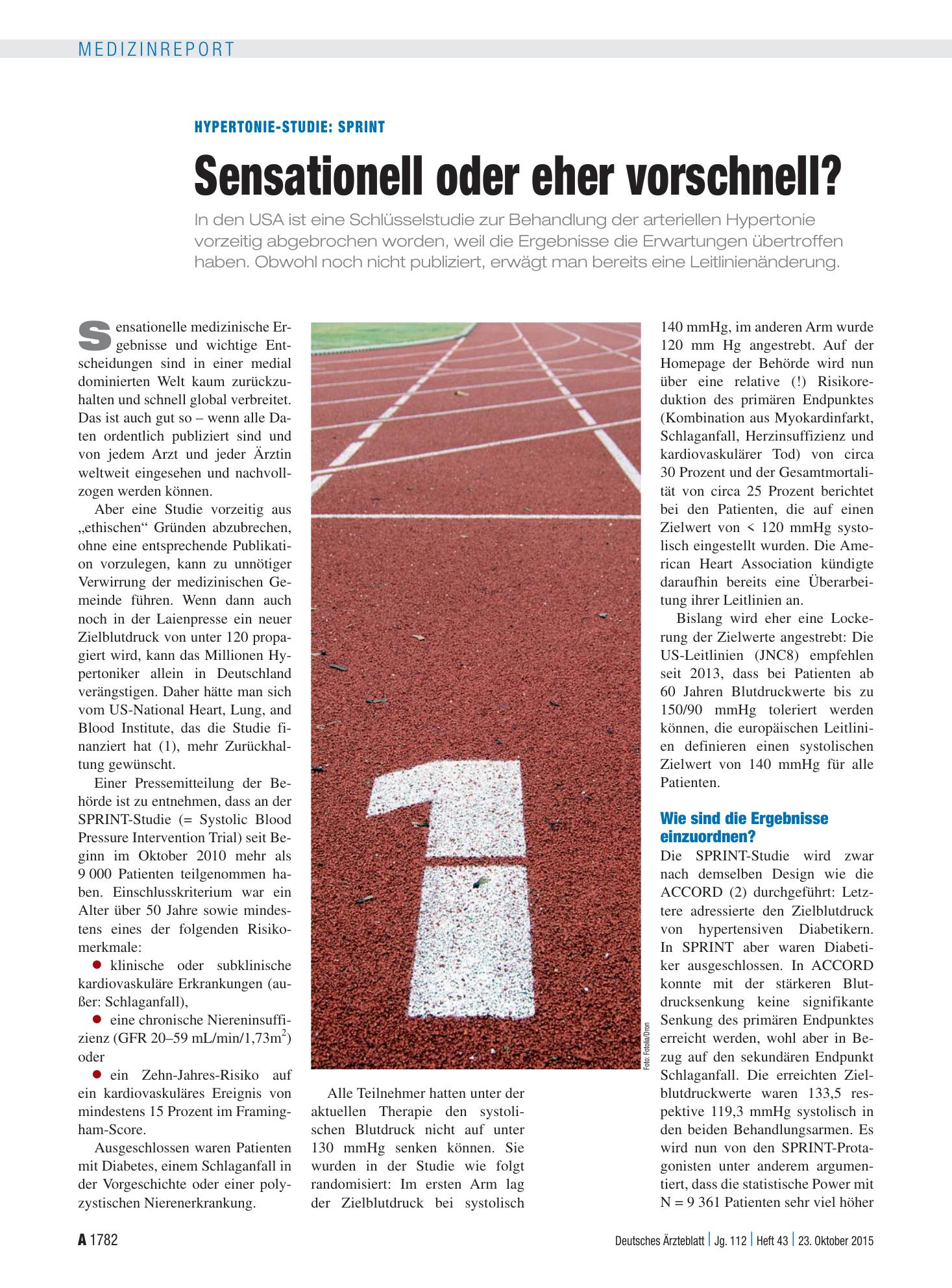 Vorschauseite 1: Hypertonie-Studie: Sprint – Sensationell oder eher vorschnell? – Deutsches Ärzteblatt