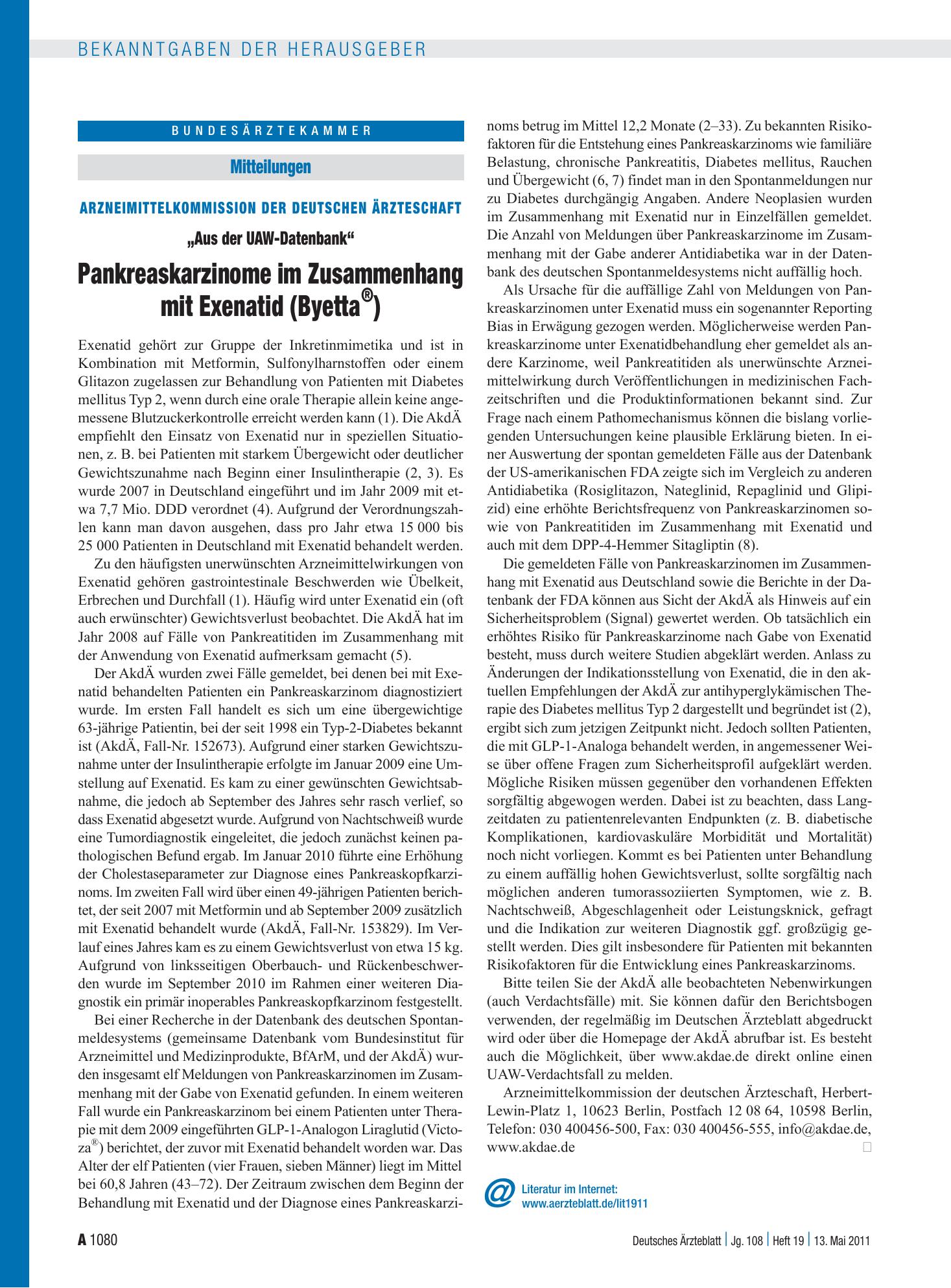 Vorschauseite 1: Arzneimittelkommission der Deutschen Ärzteschaft: „Aus der UAW-Datenbank“ Pankreaskarzinome im Zusammenhang mit Exenatid (Byetta ® ) – Deutsches Ärzteblatt