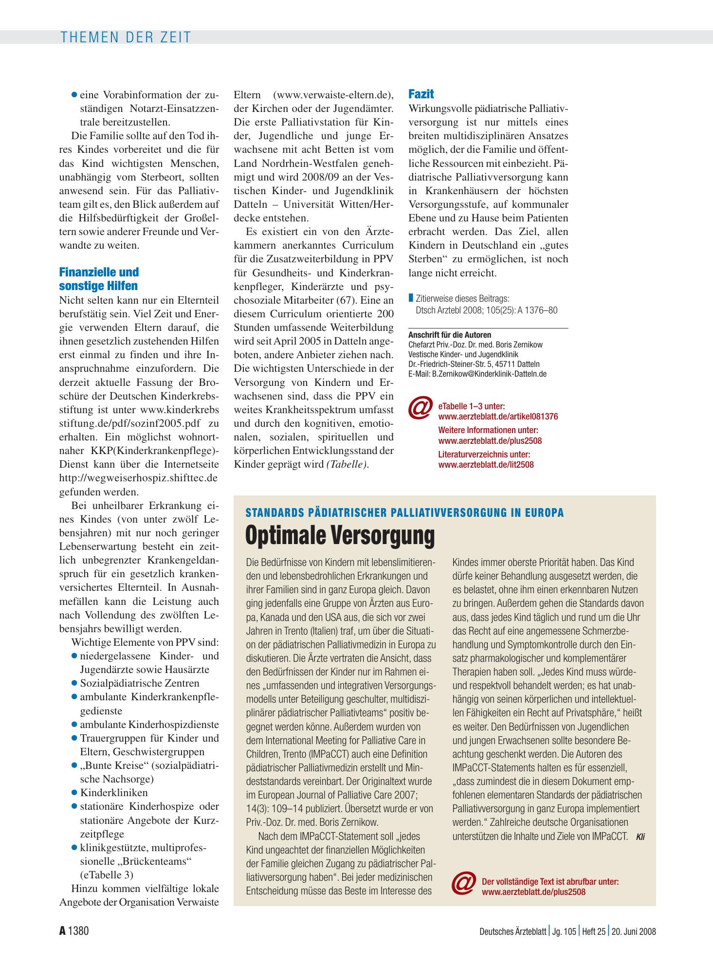 Vorschauseite 1: Standards pädiatrischer Palliativversorgung in Europa: Optimale Versorgung – Deutsches Ärzteblatt