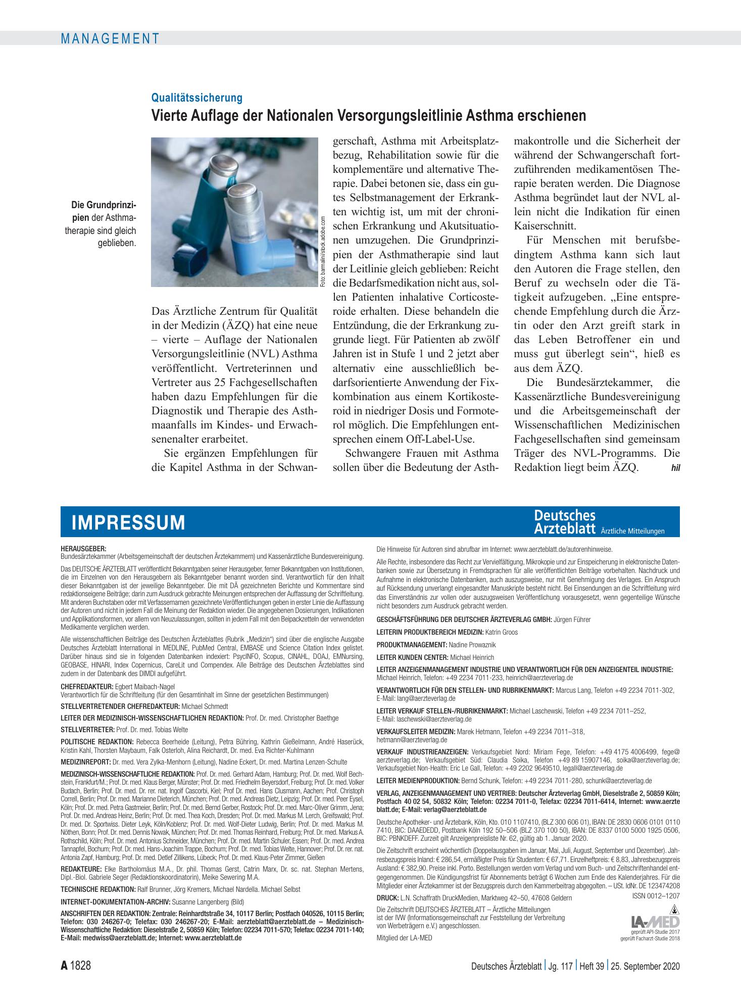 Vorschauseite 1: Qualitätssicherung: Vierte Auflage der Nationalen Versorgungsleitlinie Asthma erschienen – Deutsches Ärzteblatt