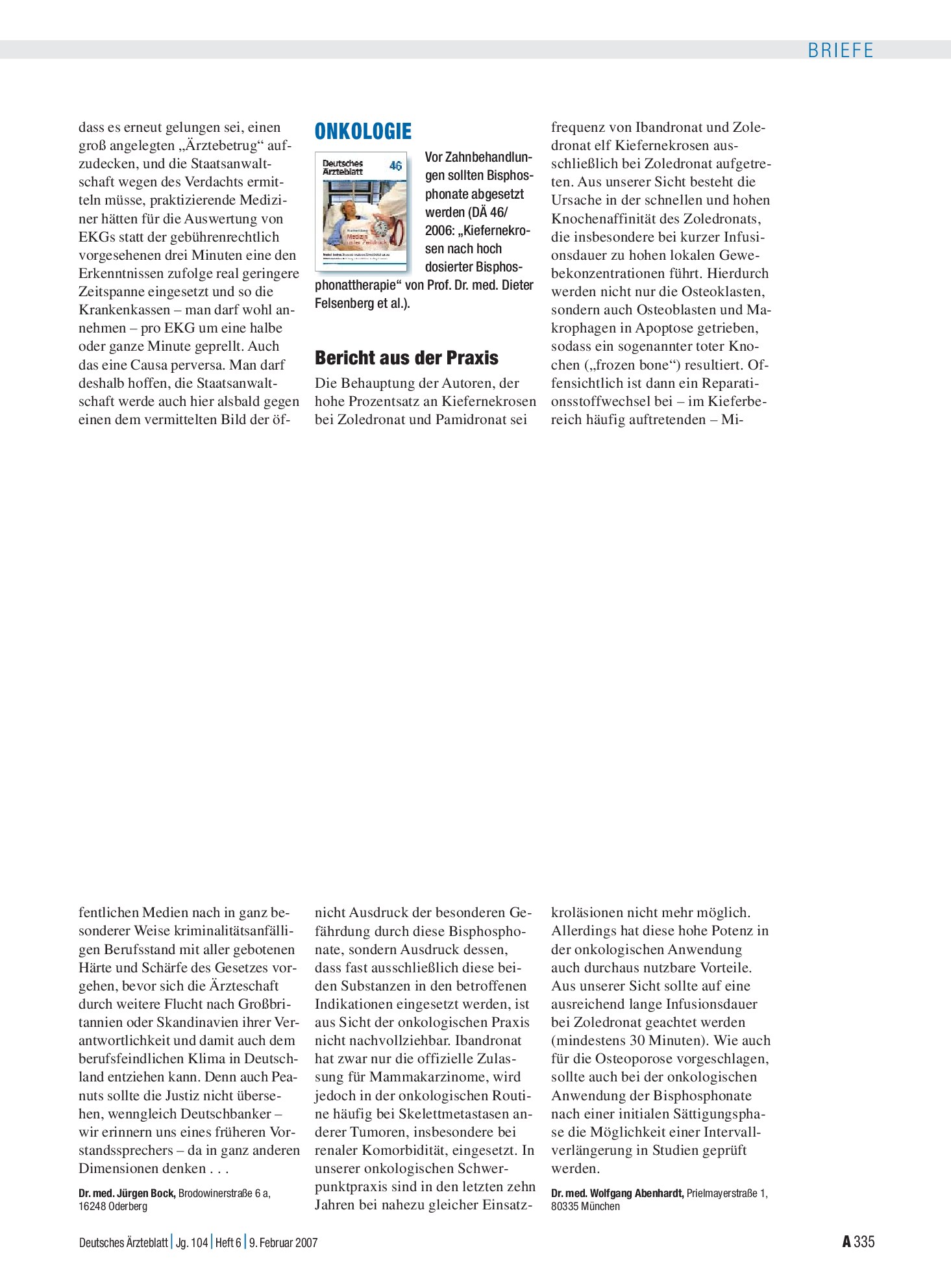 Vorschauseite 1: Onkologie: Bericht aus der Praxis – Deutsches Ärzteblatt