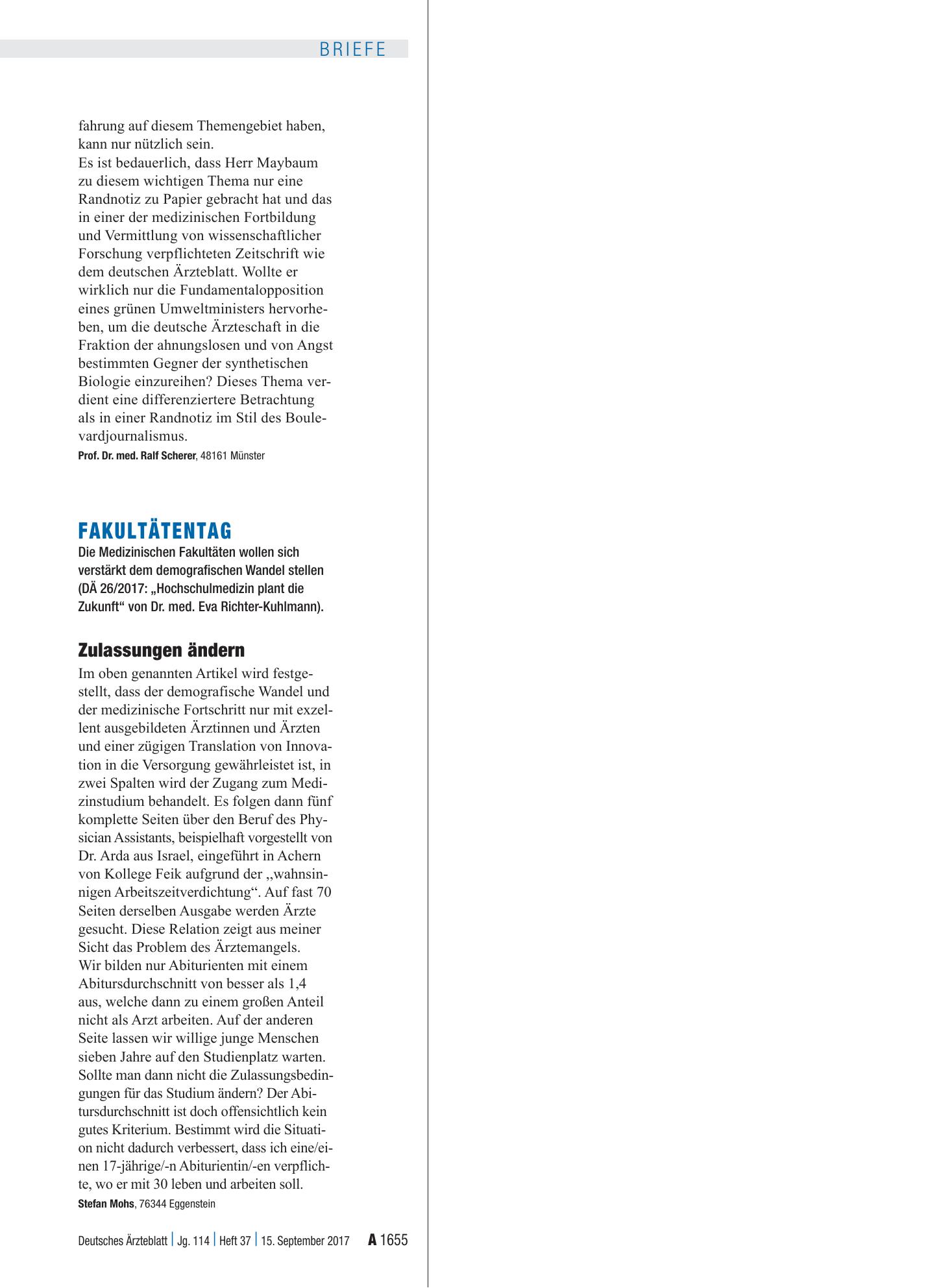 Vorschauseite 1: Fakultätentag: Zulassungen ändern – Deutsches Ärzteblatt
