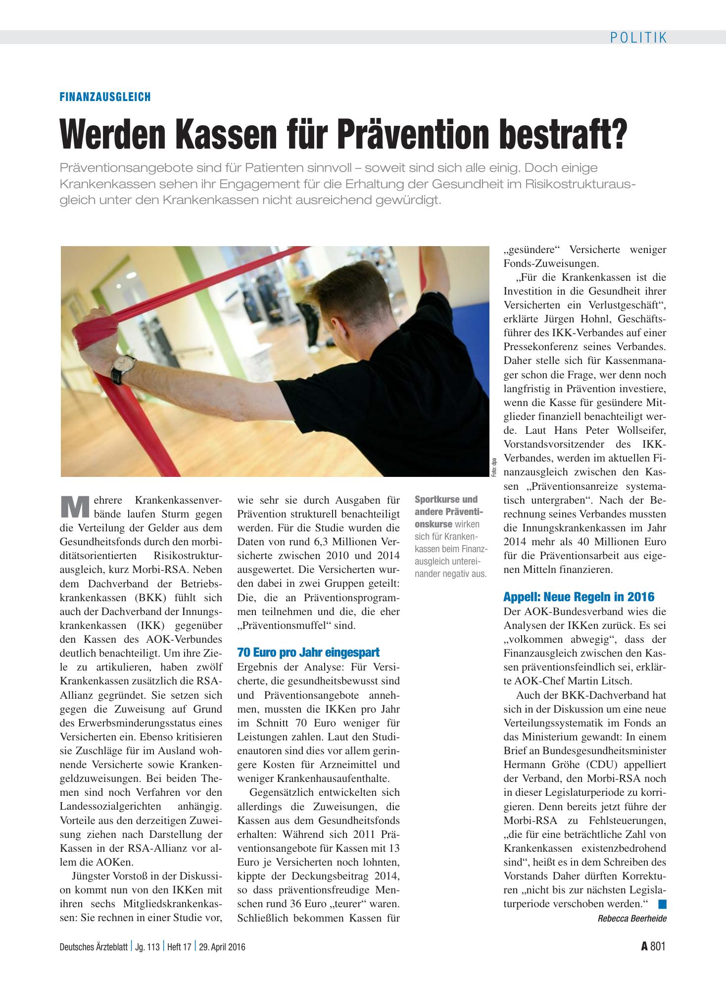 Vorschauseite 1: Finanzausgleich: Werden Kassen für Prävention bestraft? – Deutsches Ärzteblatt