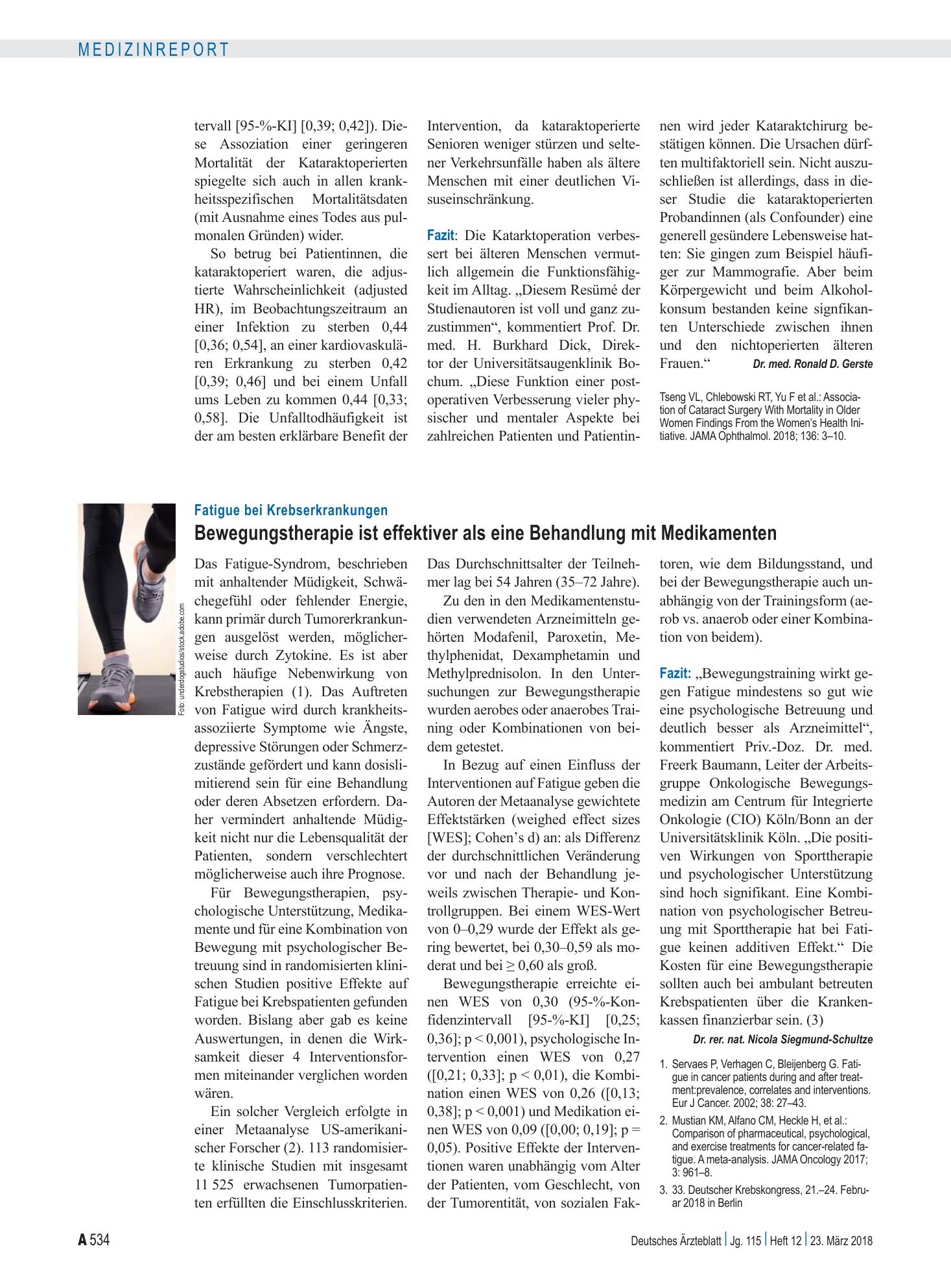 Vorschauseite 1: Fatigue bei Krebserkrankungen: Bewegungstherapie ist effektiver als eine Behandlung mit Medikamenten – Deutsches Ärzteblatt