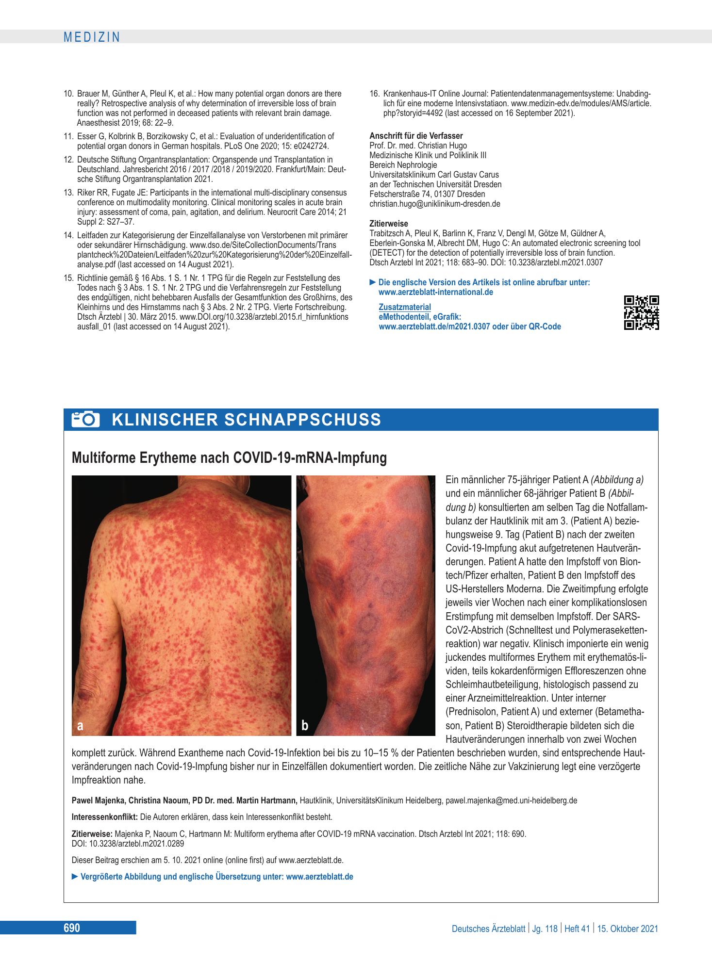 Vorschauseite 1: Multiforme Erytheme nach COVID-19-mRNA-Impfung – Deutsches Ärzteblatt