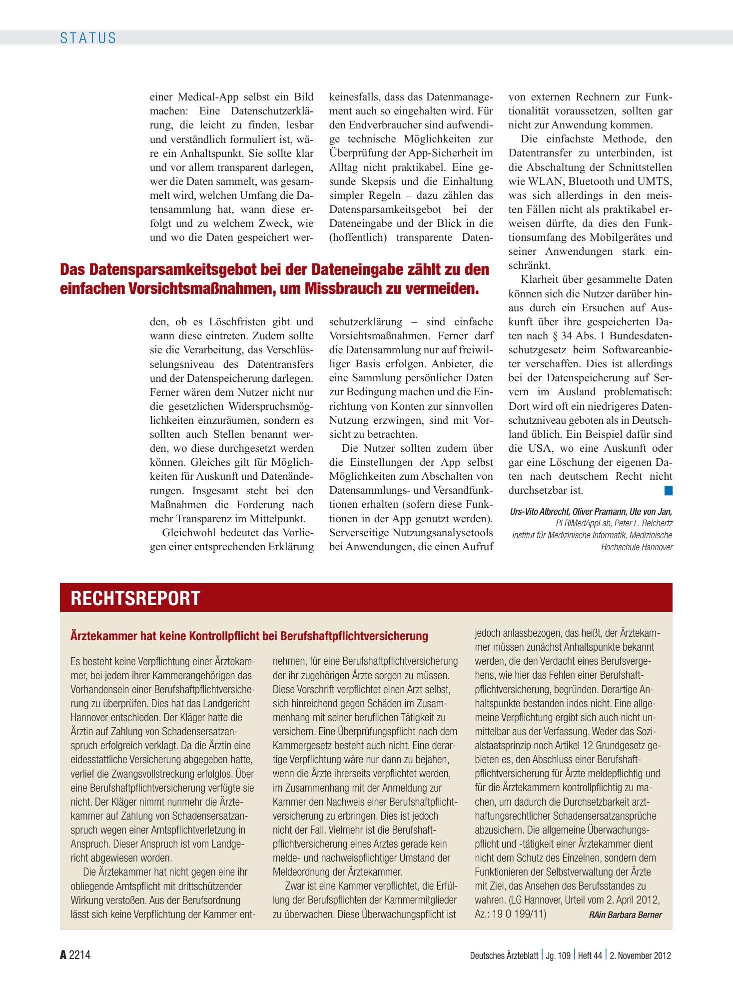 Vorschauseite 1: Ärztekammer hat keine Kontrollpflicht bei Berufshaftpflichtversicherung – Deutsches Ärzteblatt