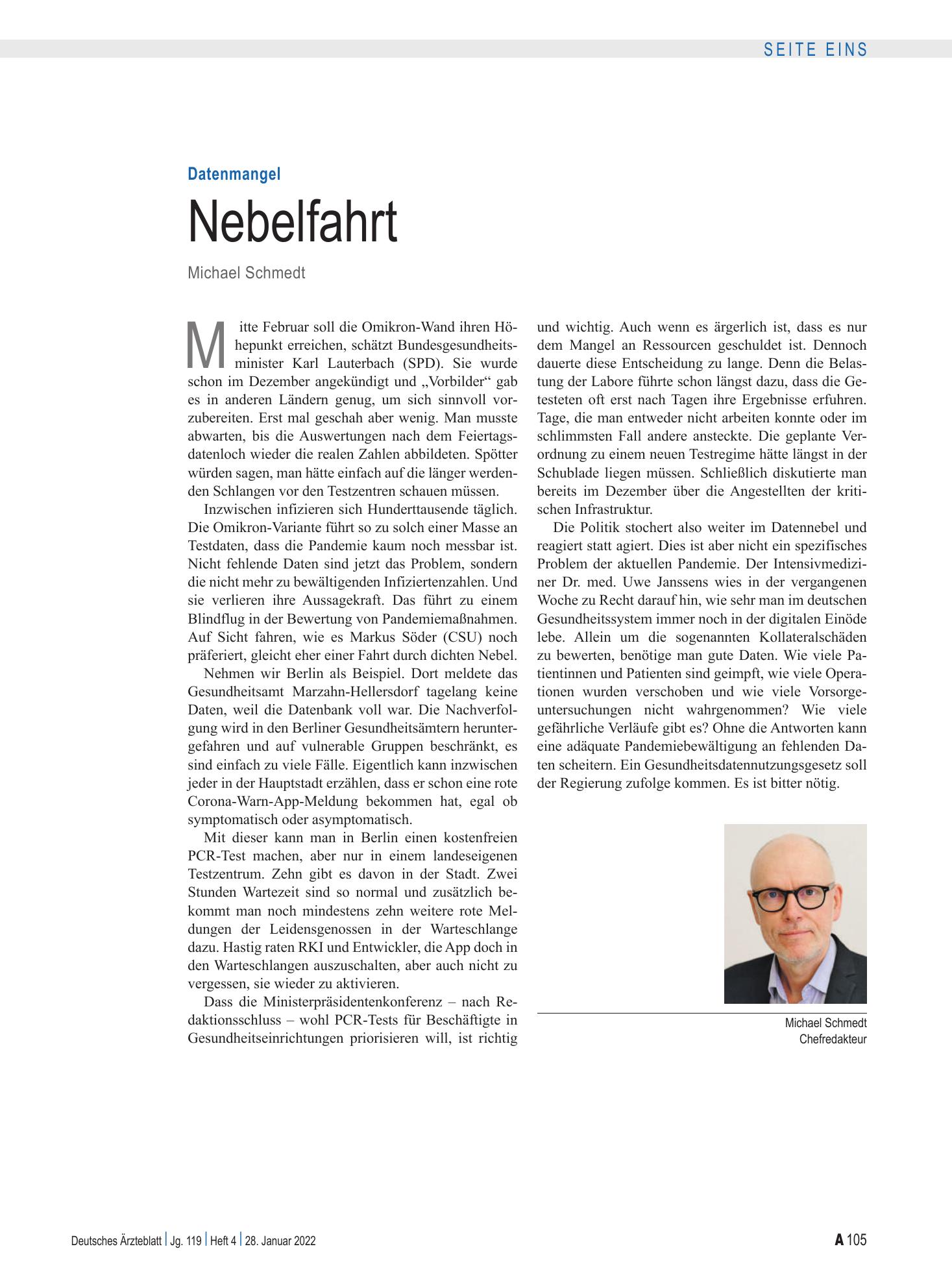 Vorschauseite 1: Datenmangel: Nebelfahrt – Deutsches Ärzteblatt